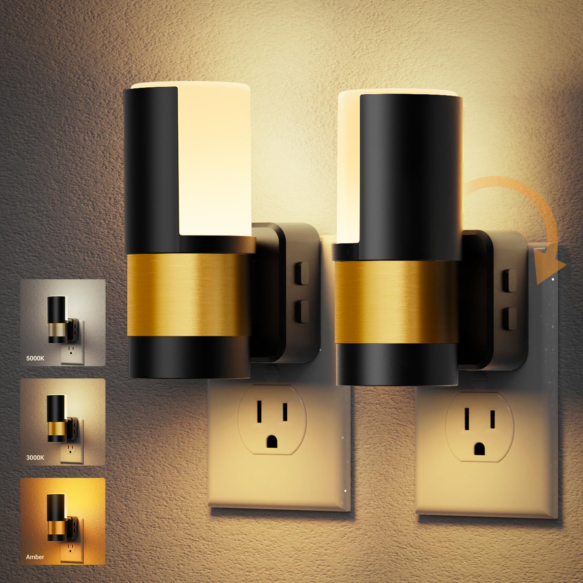 JandCase Plug in Night Light, Rotating Night Light with 3 Colors, 3000K/5000K/Amber, Dimmable Night Lights with Dusk to Dawn Sensor, 360°Rotatable, LED Nightlight for Bathroom Bedroom Hallway, 2 Pack