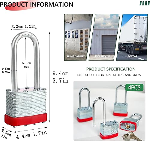 Miniatura 10 de Paquete de 4 candados con llave igual, de 1.575 pulgadas, de alta seguridad, resistentes, con llave, candados con llave para exteriores, para