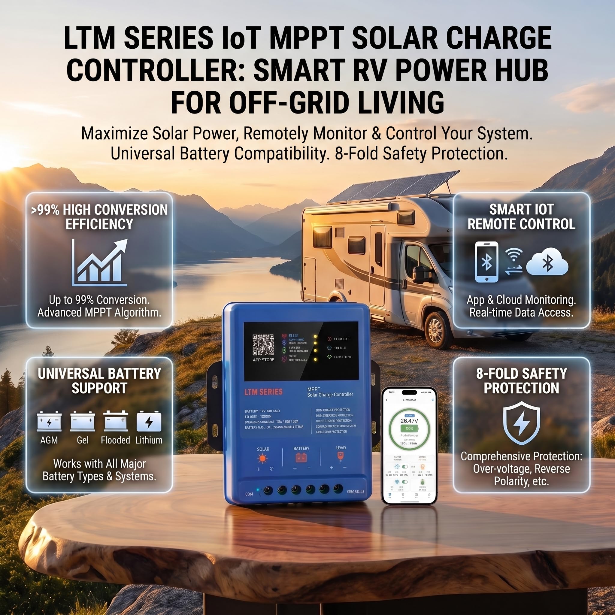 MPPT solarny regulator ładowania 30 A, 12 V, 24 V, 36 V, 48 V, 120 V, PV z aplikacją WiFi Bluetooth – inteligentny kontroler ładowania solarnego do przyczep kempingowych LiFePO4 AGM Off-Grid