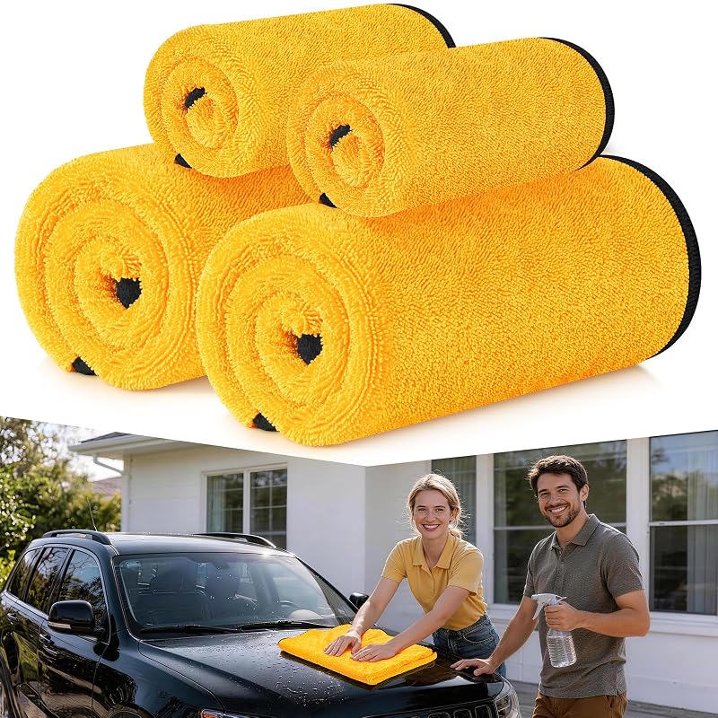 Toalhas de Secagem Automotiva de Microfibra com Trama Torcida Amarelas Bolant, 4 unidades