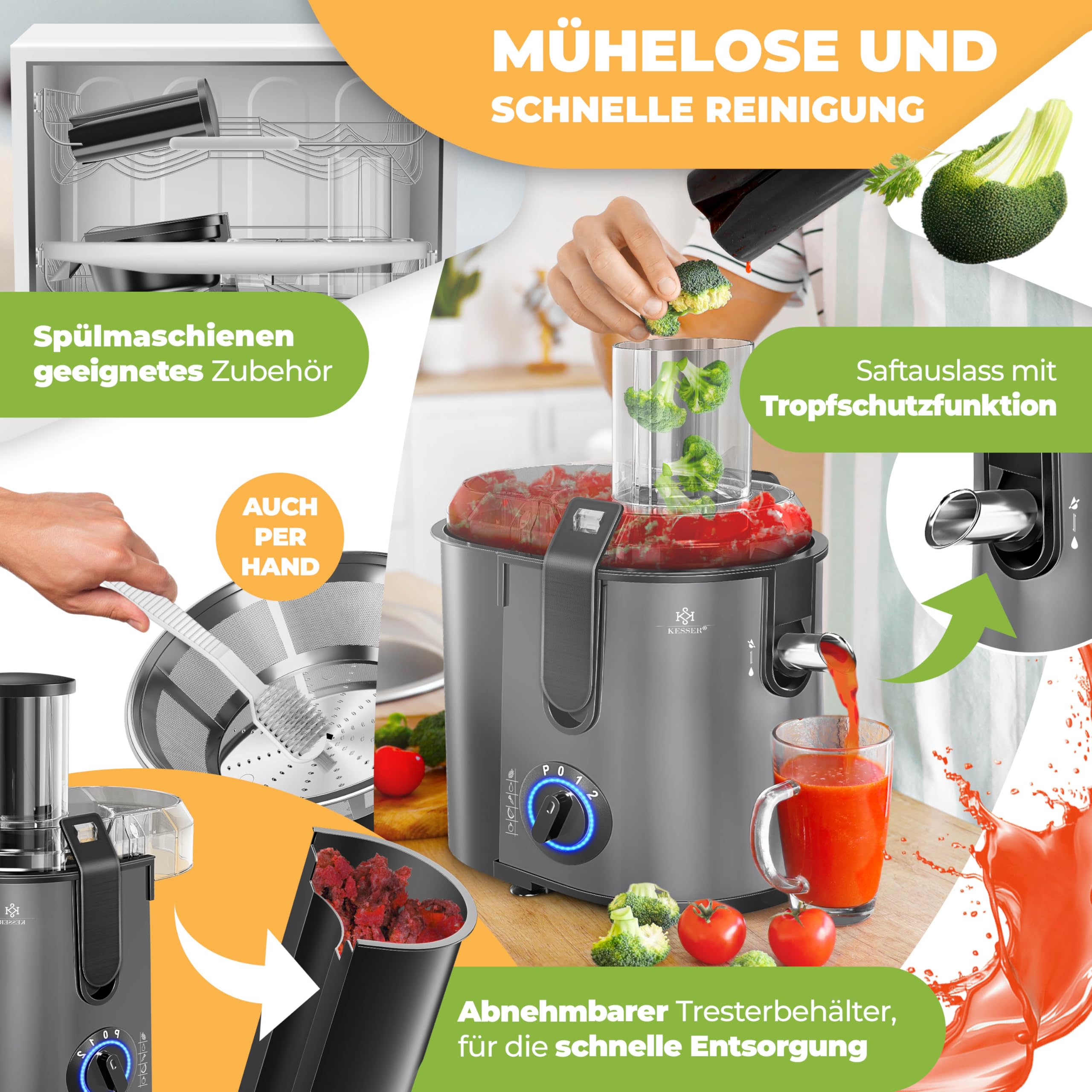 KESSER® Extracteur de Jus Fruits Légumes en Acier Inoxydable 1100W Grand Tube d'alimentation 3 Niveaux Presse-Juices Electrique Presse-Juice + Brosse, Porte-Juis, Livre de Recettes, Anthracite
