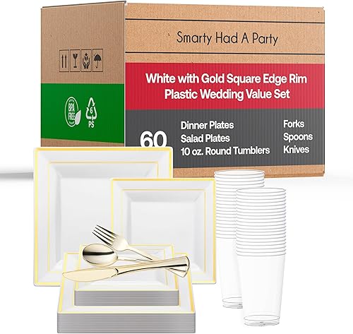 Elegante juego de vajilla de plástico desechable para 60 invitados, platos cuadrados blancos con borde dorado, platos de postre, cubiertos y tazas