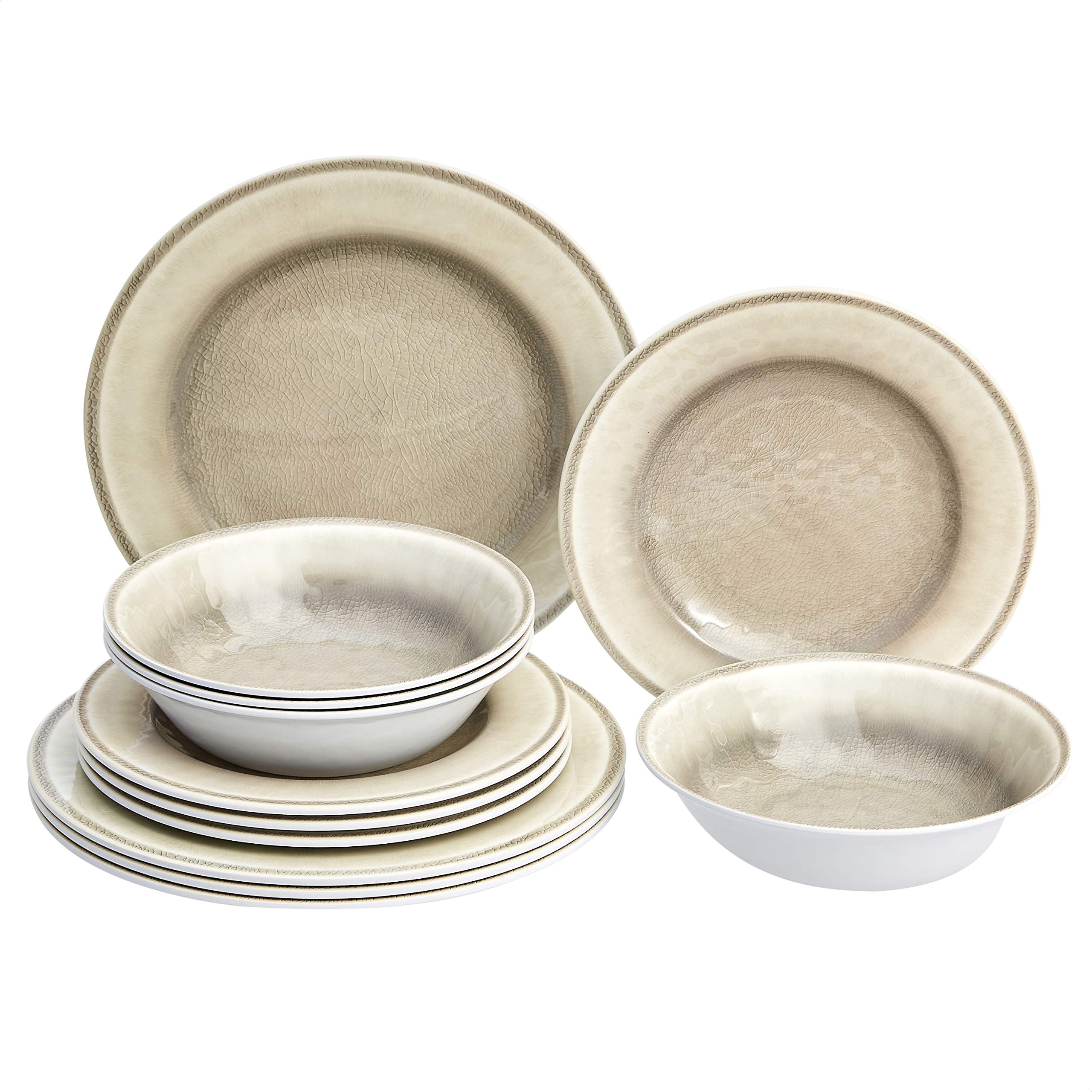 Amazon Basics 12-Piece Melamine Dinnerware Set - Service for 4, White Crackle Glaze