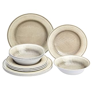 Amazon Basics 12-Piece Melamine Dinnerware Set - Service for 4, White Crackle Glaze