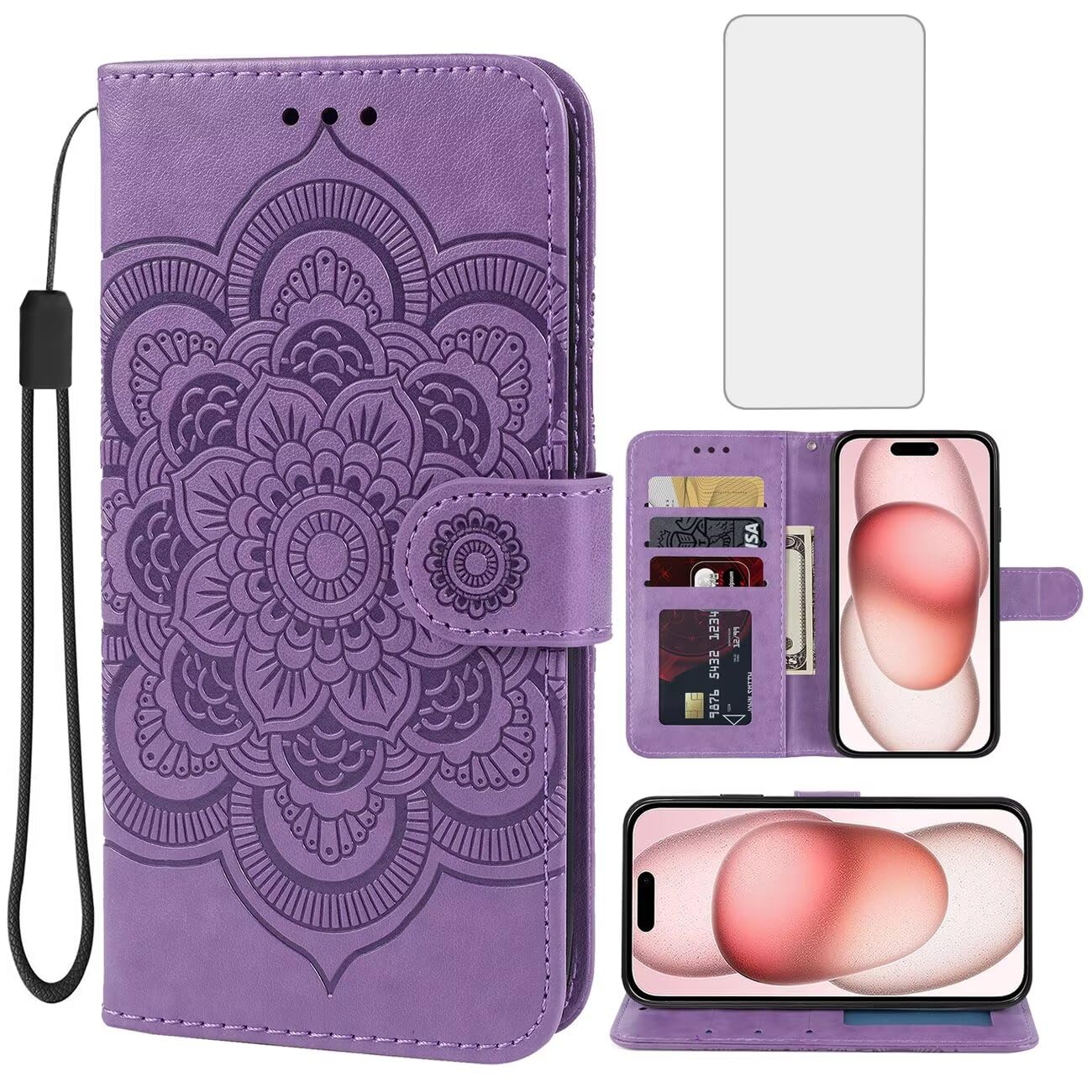 Bohefo Case for iPhone 15 Plus Case 6.7", Apple 15 Plus Wallet Case with Tempered Glass Screen Protector, Mandala Leather Flip Credit Card Holder