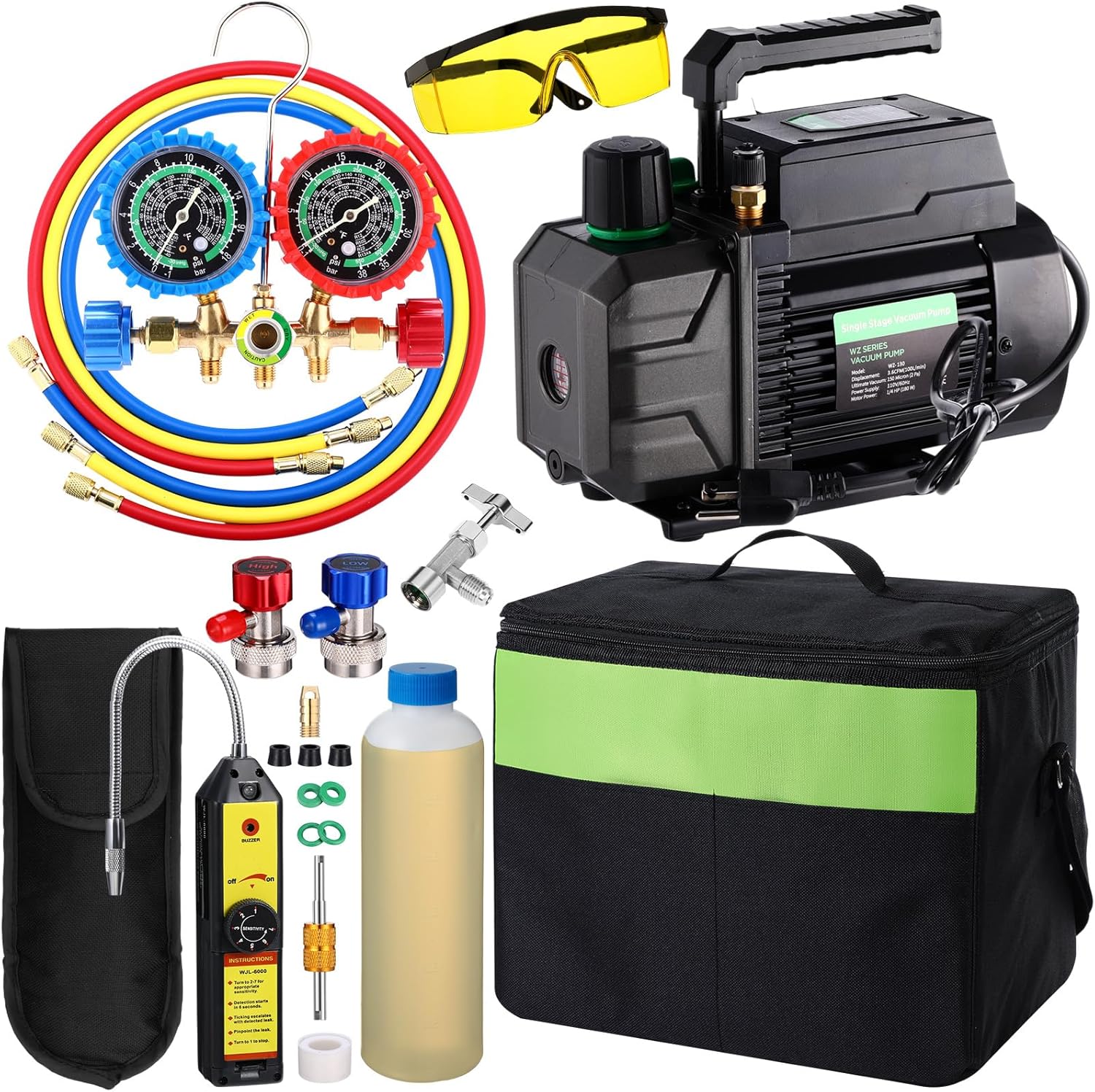 AC Vacuum Pump and Gauge Set kit 3.5CFM 1/4 HP for HVAC R134a R410a R12 R22 Mini Split Manifold Gauge AC Recharge with Leak Detector Tool Can Taps Quick Coupler Adapter Glasses Carry Bag