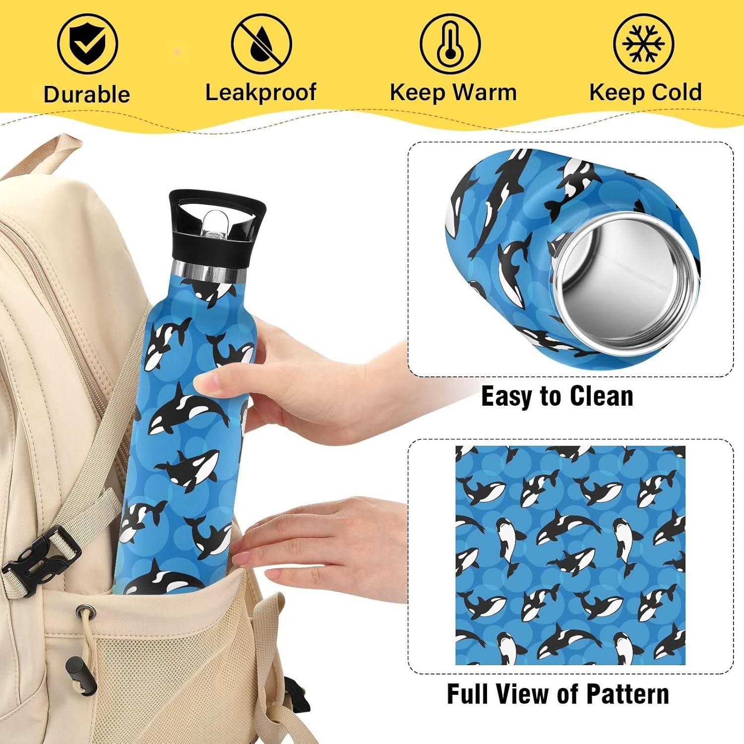 Orca Killer Whale Water Bottle with Straw Lid Kids Insulated Stainless Steel Water Flask Sports 20 Oz