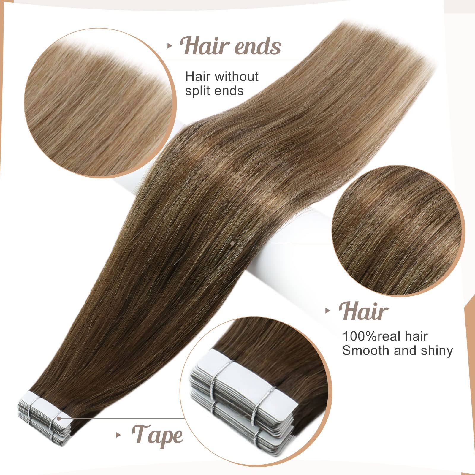Balayage Brown Tape in Hair Extensions Human Hair Remy Silky Soft Tape Hair Extensions Balayage Dark Brown Fading to Caramel Blonde with Dark Brown 16 inch 20 Pcs 50 g - Image 3