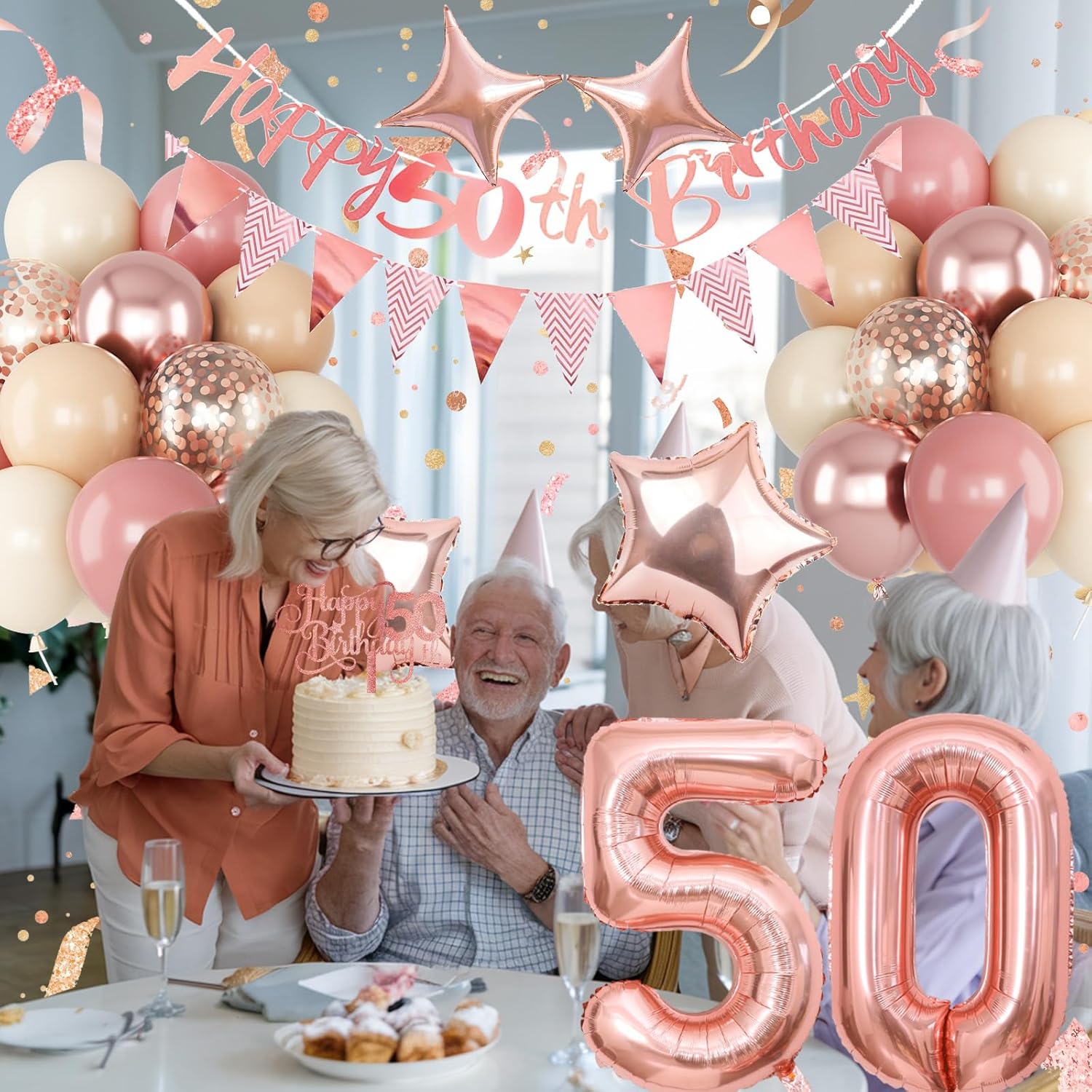 50th Birthday Decorations for Women, Retro Pink Beige Number 50 Balloon Set Happy 50th Birthday Banner Cake Topper Dusty Pink Beige Rosegold Star Balloons for Her 50 Year Old Bday Party Decor - Image 5