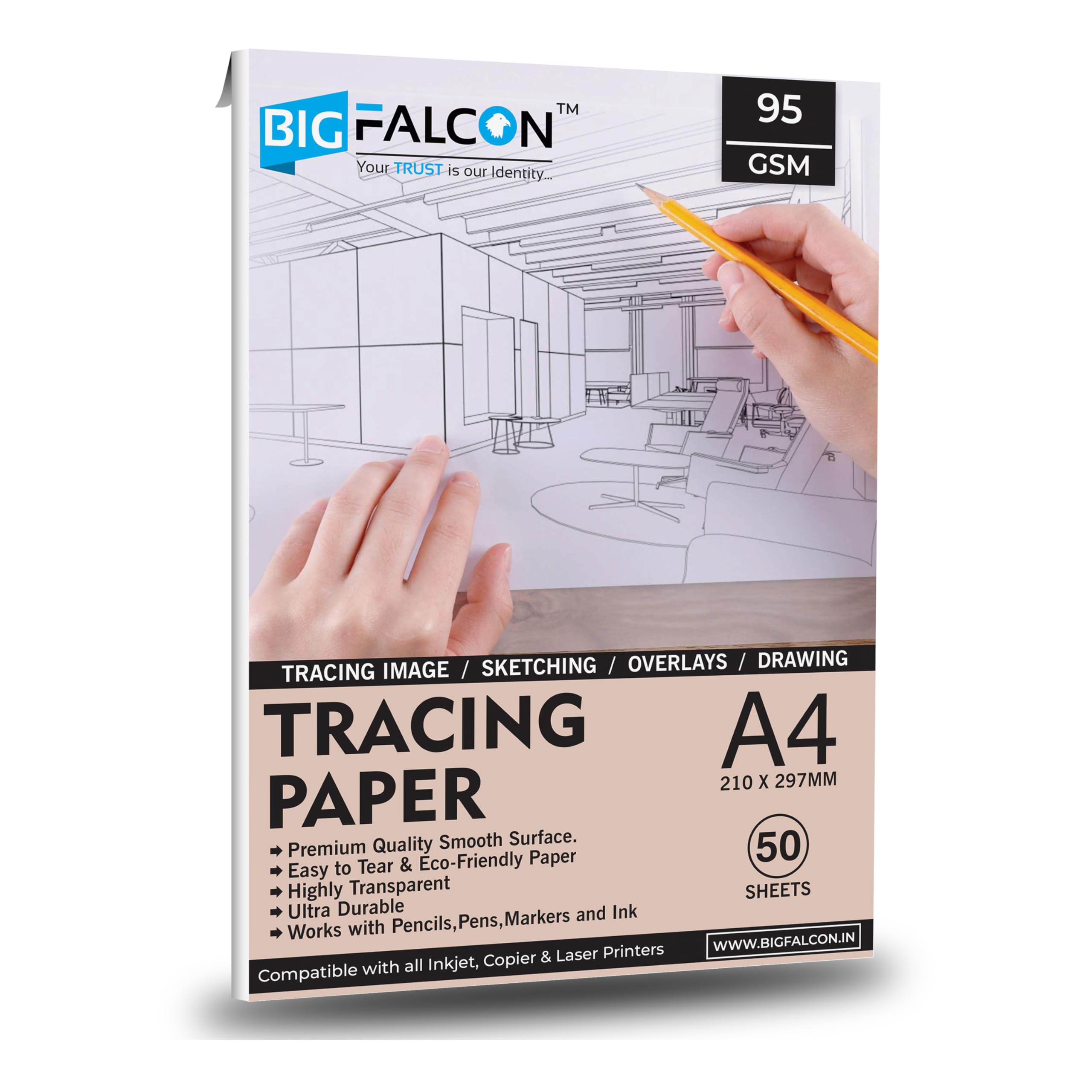 BIGFALCON Premium Artist’s Tracing 50 Sheets A4 (210X297mm) Size 95 GSM Translucent for Pencil,Marker and Ink Trace Images,Sketch,Drawing,Stamp/Screen Making for Inkjet/Laser Printer