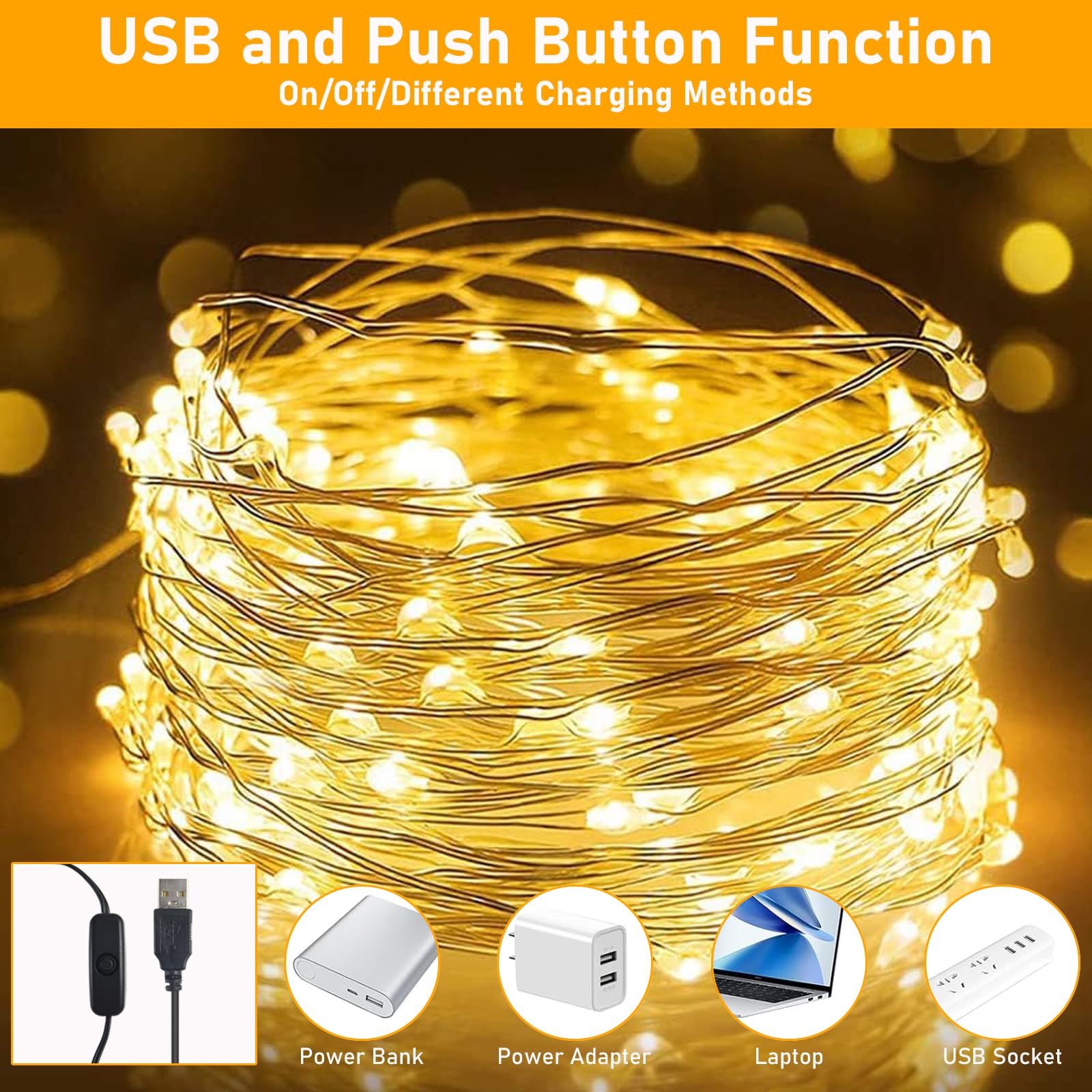 Guirlande Lumineuse LED 6 Mètres - 200 Ampoules Blanc Chaud, Télécommande, étanche, Pour Intérieur Et Extérieur