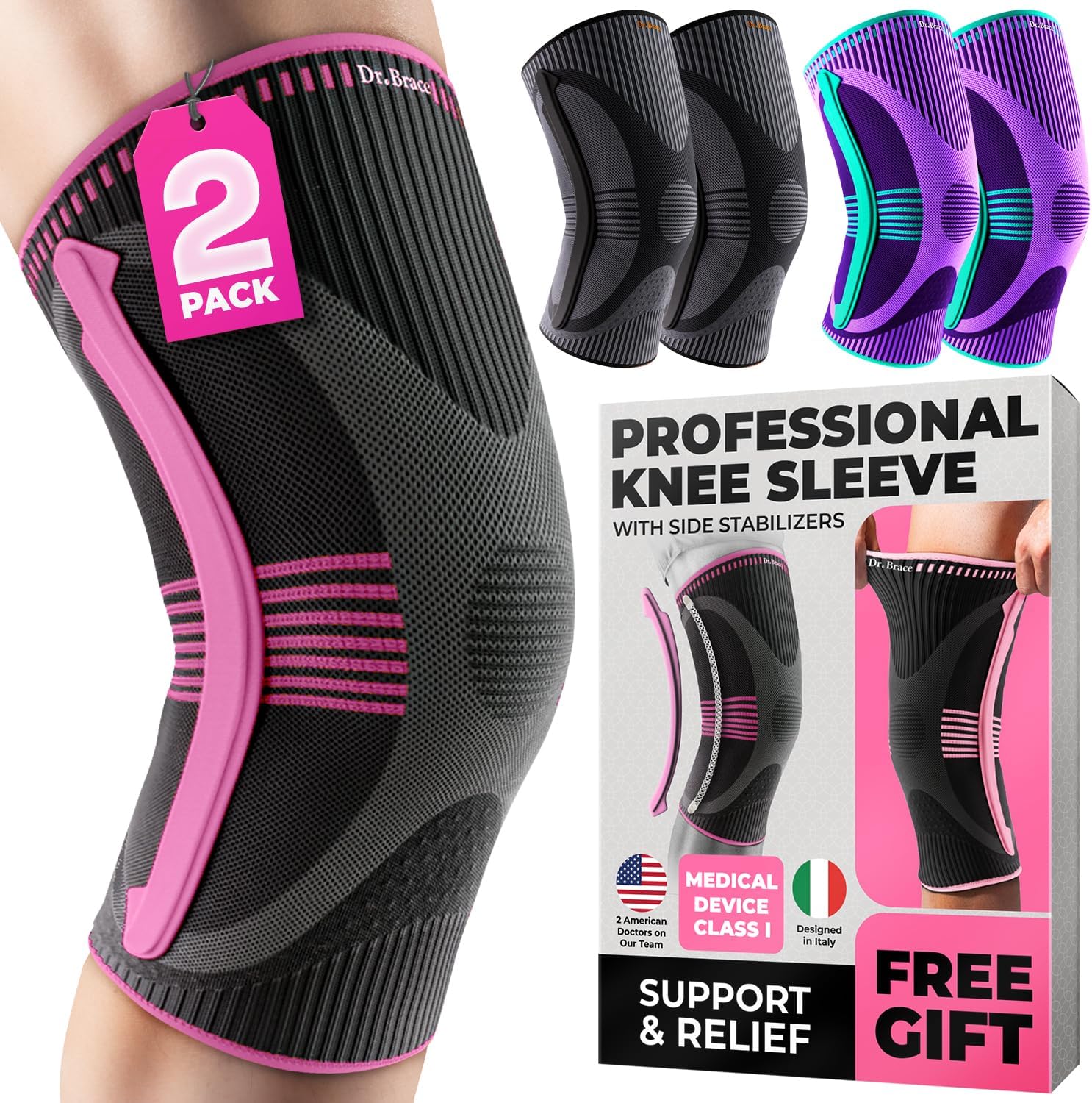 DR. BRACE ELITE Knee Brace with Size Stabilizer (2 Pack) Knee Brace for Women & Men, Workout, Sports, Daily Knee Compression Sleeve for Maximum Knee Pain Support & Fast Recovery (Orion, Small)