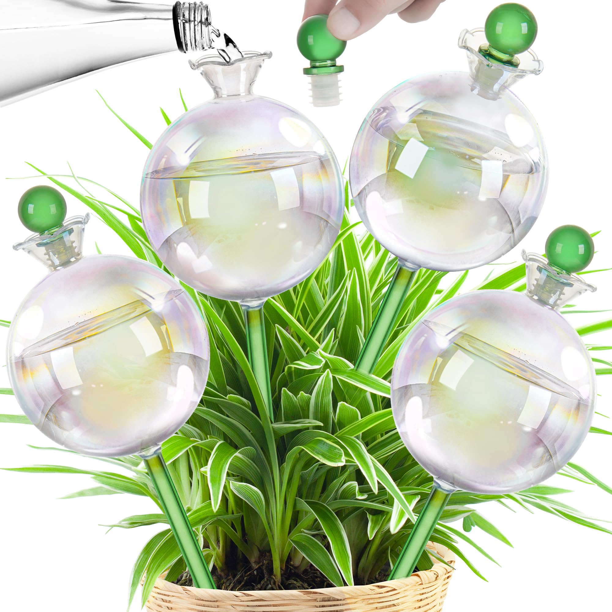 Lot de 4 globes d'arrosage de plantes extra larges en verre irisé de 500 ml pour 2 semaines, bulbes d'arrosage automatique pour un usage quotidien ou en vacances