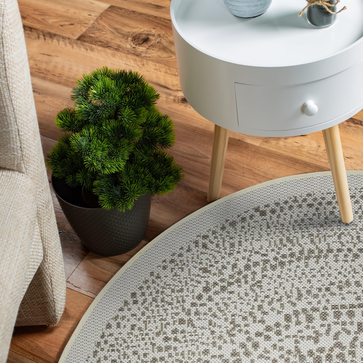 DomDeco Intérieur/extérieur Tapis rond Finn dans un style moderne – Robuste et facile d'entretien pour le salon, le couloir, la terrasse, le balcon, en fibres synthétiques, Ø 120 cm, crème/vert olive
