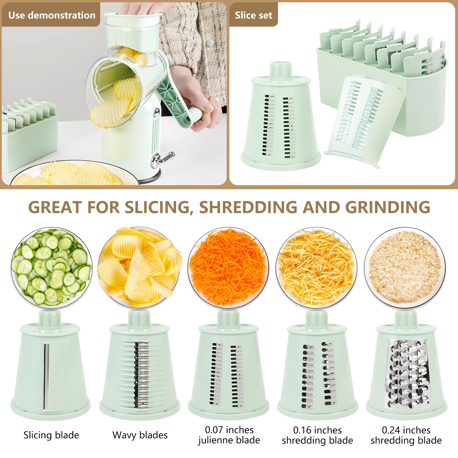 Rallador giratorio de queso y rebanador de mandolina con 5 cuchillas intercambiables, corte sin esfuerzo para queso, verduras, frutas, frutos secos, diseño fácil de limpiar para uso en cocina
