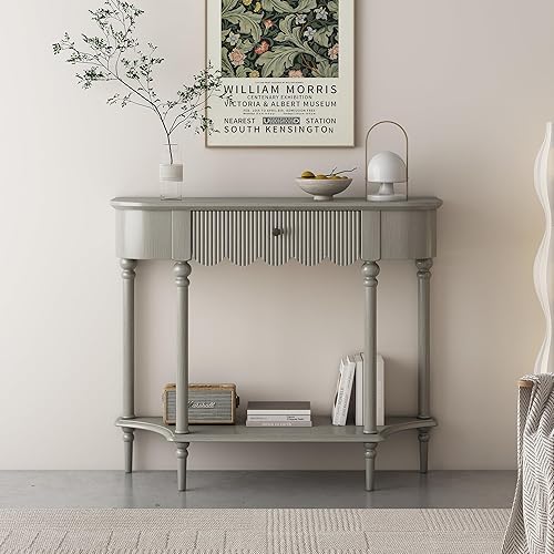 Miniatura 5 de MUSEHOMEINC Mesa consola vintage de madera maciza con cajón y estante de almacenamiento abierto, mesa de entrada gris curvada francesa para pasillo,