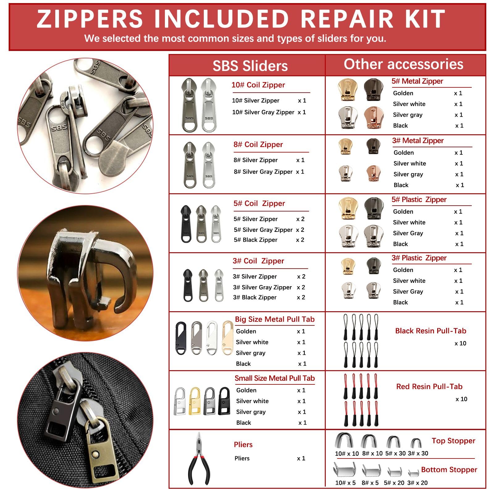 VICHERIA Kit de reparación de cremallera (200 piezas), tirador de cremallera de repuesto de calidad, kit de reparación de cremallera para bolsos, equipaje, abrigos, botas, saco de dormir, cremalleras