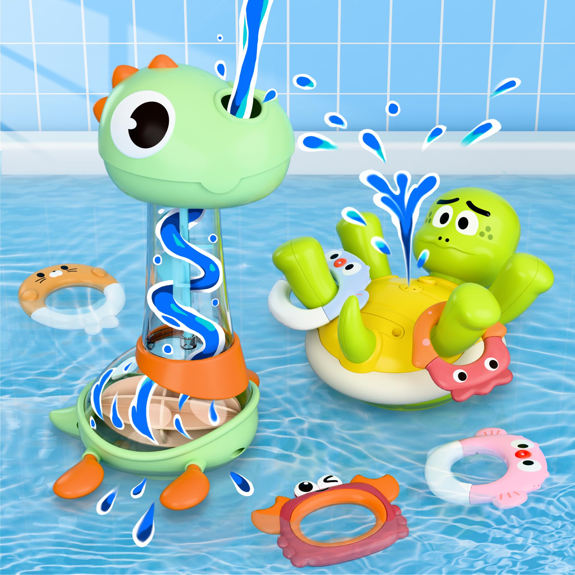 iPlay, iLearn Baby Bath Toy Set, Toddler Bathtub Toy Rechargeable Turtle Sprinkler W/ 5 Rings, Dinosaur Spiral Water Bathtime Shower Summer Birthday Gifts 18 Month 2 3 4 Year Old Kids Boy Girl Infant
