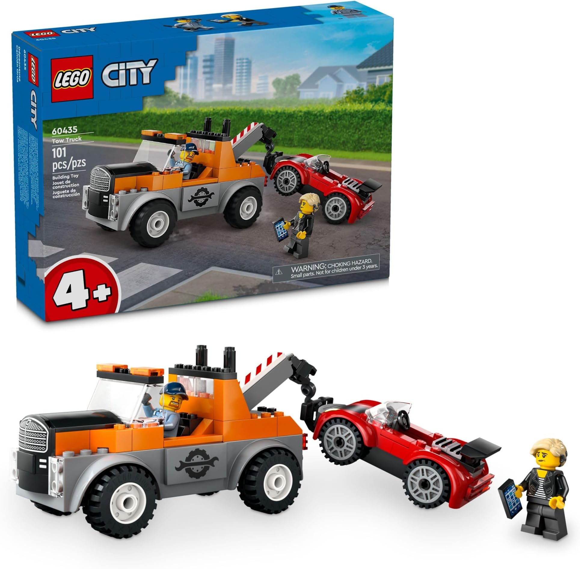 City Tow Truck and Sports Car Repair Building Set, Kids Gift Idea with 2 Minifigures and Accessories Including a Cochlear Implant, Pretend Play Tow Truck Toy for Boys & Girls Ages 4 and Up, 60435