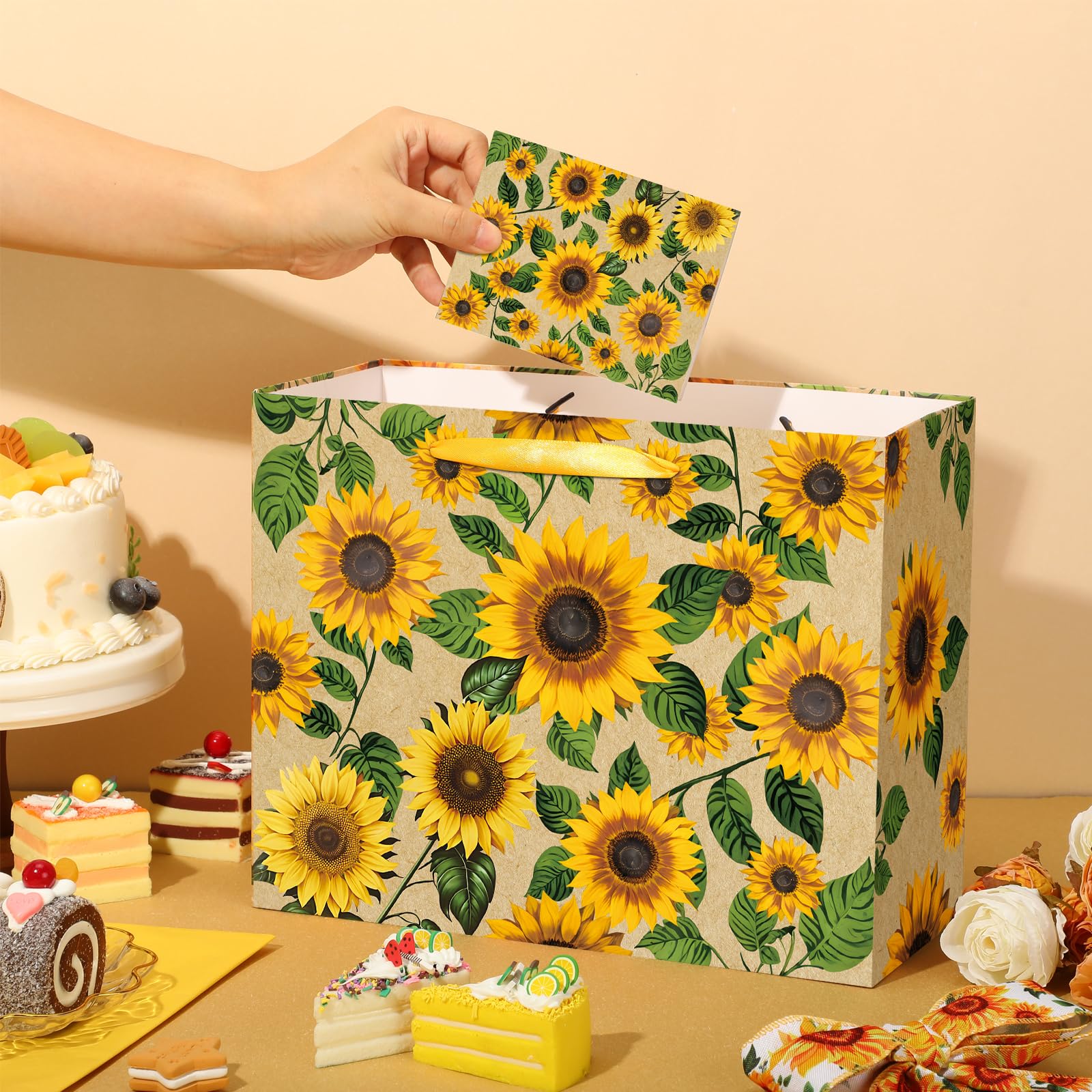 Large Sunflower Gift Bag with Tissue Paper and Greeting Card Yellow Sunflower Party Favor Bags Decorations Floral Sunflower Treat Candy Paper Bag Sunflower Wrapping Paper for Wedding Birthday Gift