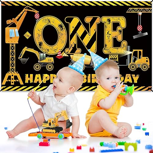 Miniatura 4 de Cartel decorativo de construcción para el primer cumpleaños para niños y niños, tema de construcción de camión volquete, suministros de fiesta de