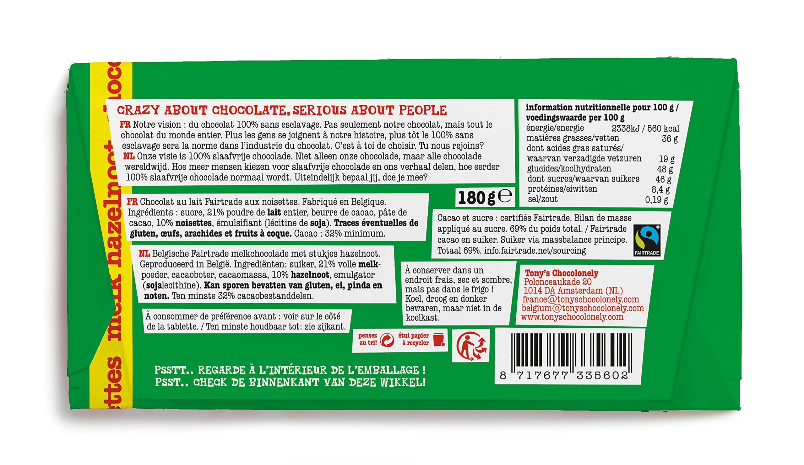 TONY'S CHOCOLONELY Czekolada pełnomleczna orzech laskowy 180 g - Fairtrade czekolada z kawałkami orzechów laskowych. Bez oleju palmowego, wyprodukowana w Belgii