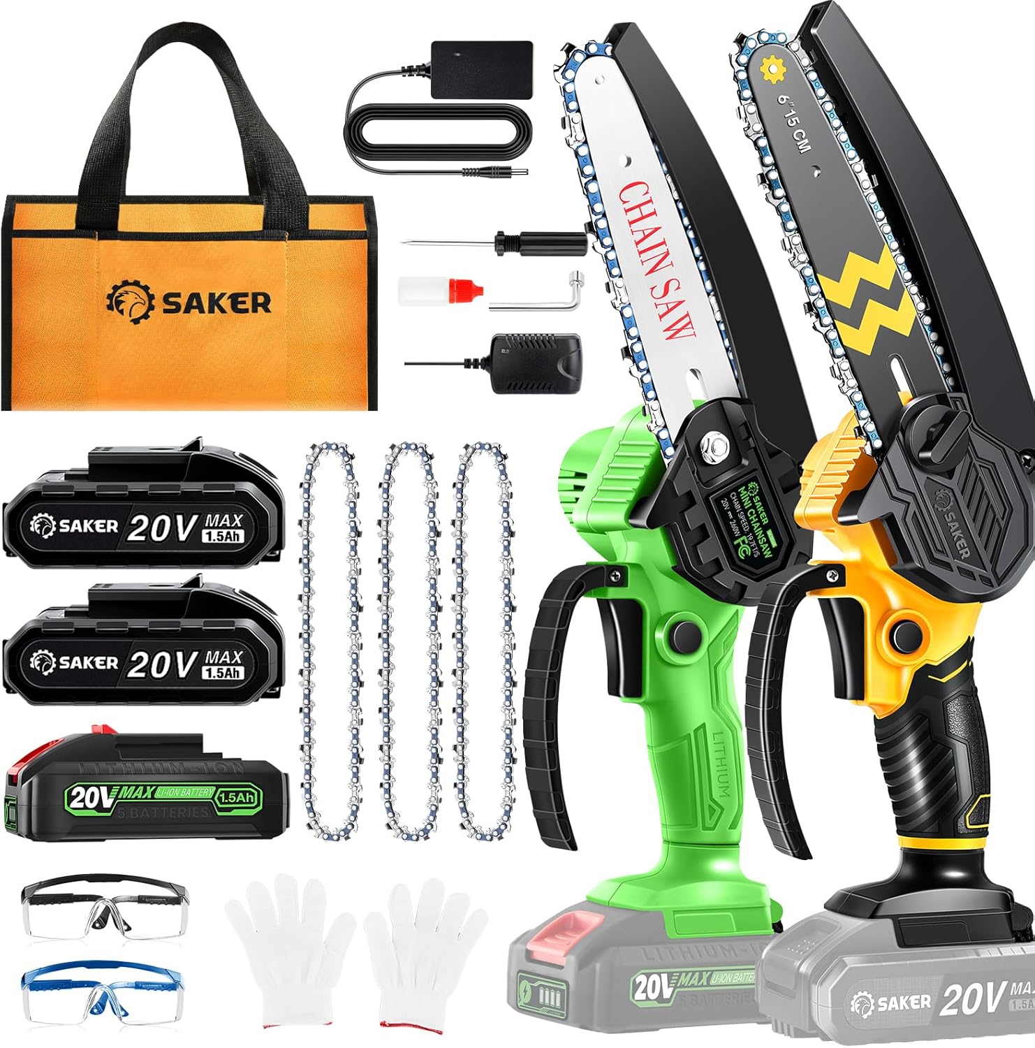 Saker Mini Chainsaw Cordless 6-Inch-Switch Security Lock and Saker Mini Chainsaw|6 Inch Chainsaw[2024 Upgraded]