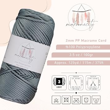 Makromecity, Polyester Macrame Cord 2mm x 125 Yards (375 feet) 2mm Polypropylene Macrame Cord Crochet Macrame Bag Cord Crafts for Wall Hangings, Bags, Underplate, Rug (3, Grey)