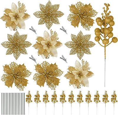 Amazon.com: Moucuny 75 Pcs Christmas Glitter Picks Gold Artificial ...