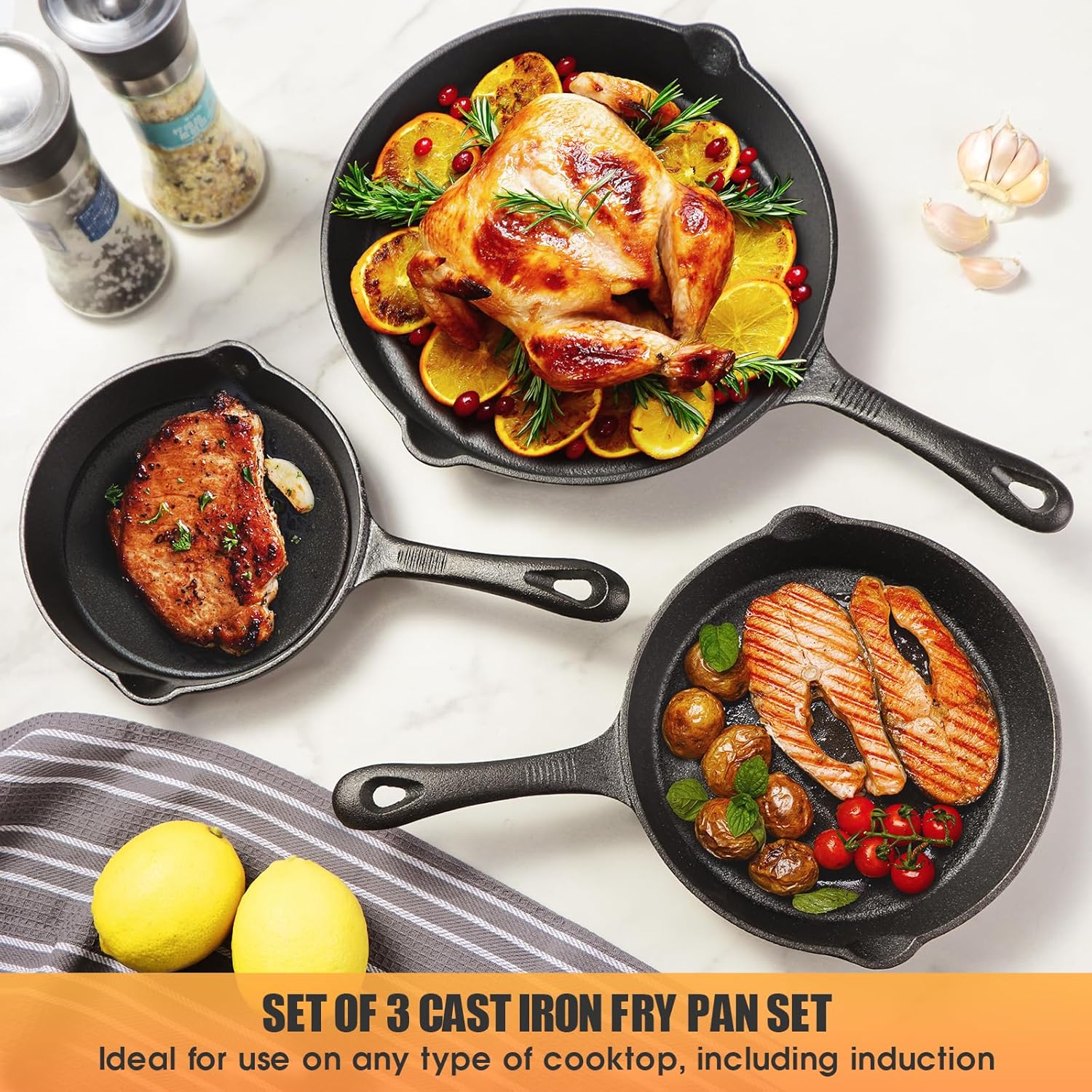 Cast Iron Skillets 3 Piece，Pre-Seasoned Cast Iron Frying Pan，Cast Iron Fry Pan Skillet Set Includes 6.5in，8in，10in Pans，Ideal for Use on any Type of Cooktop，Oven Safe