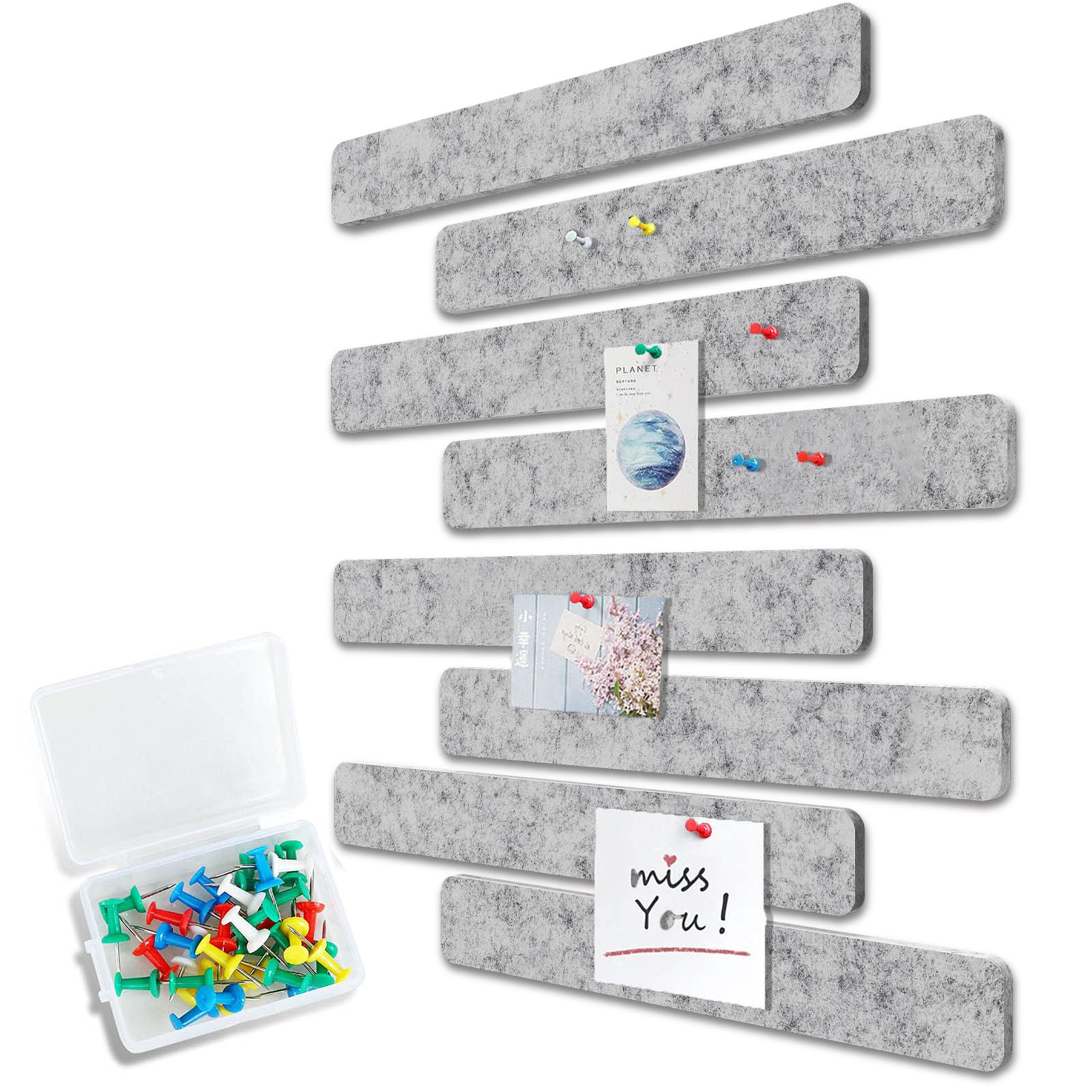 Uoisaiko Felt Pin Board Bar 33cm x 5cm, Pack of 8 Bulletin Board Strips with 40 Push Pins, Home Office Memo Notice Boards Felt Wall Tiles (Light Grey, Small) — image 1
