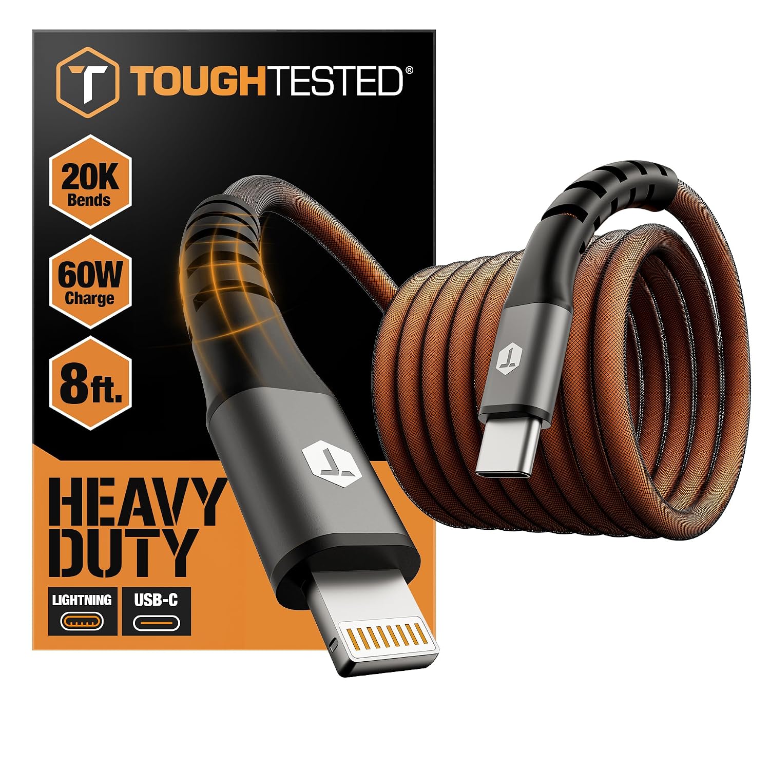 ToughTested USB C to Lightning Cable 8FT – MFi Certified iPhone Fast Charger Cord, P.E.T. ArmorWeave Braided, 3AMPS Fast Charging Compatible iPhone 14 13 12 11 Pro Max X XS XR 8 7 6 Plus and More