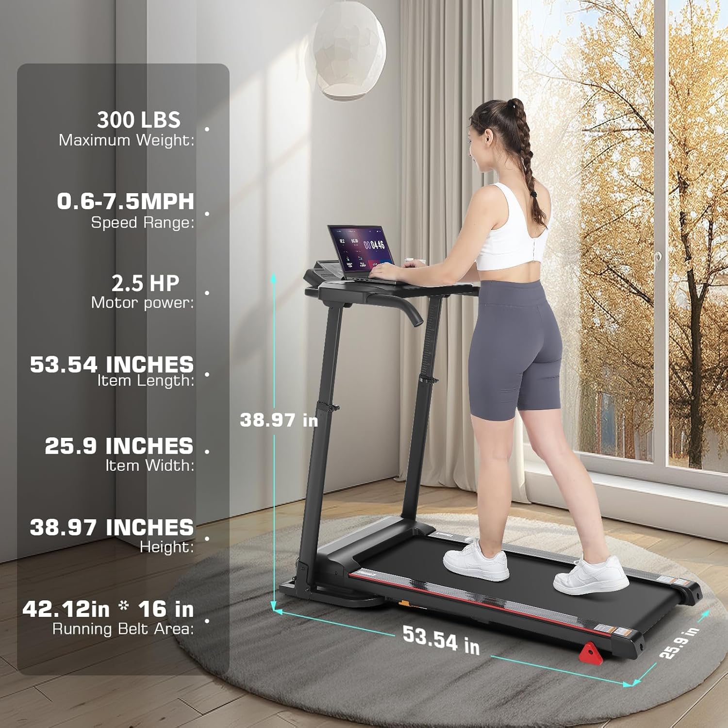 Image displaying the key specifications of the FUNMILY treadmill, including maximum weight, speed range, motor power, and physical dimensions.