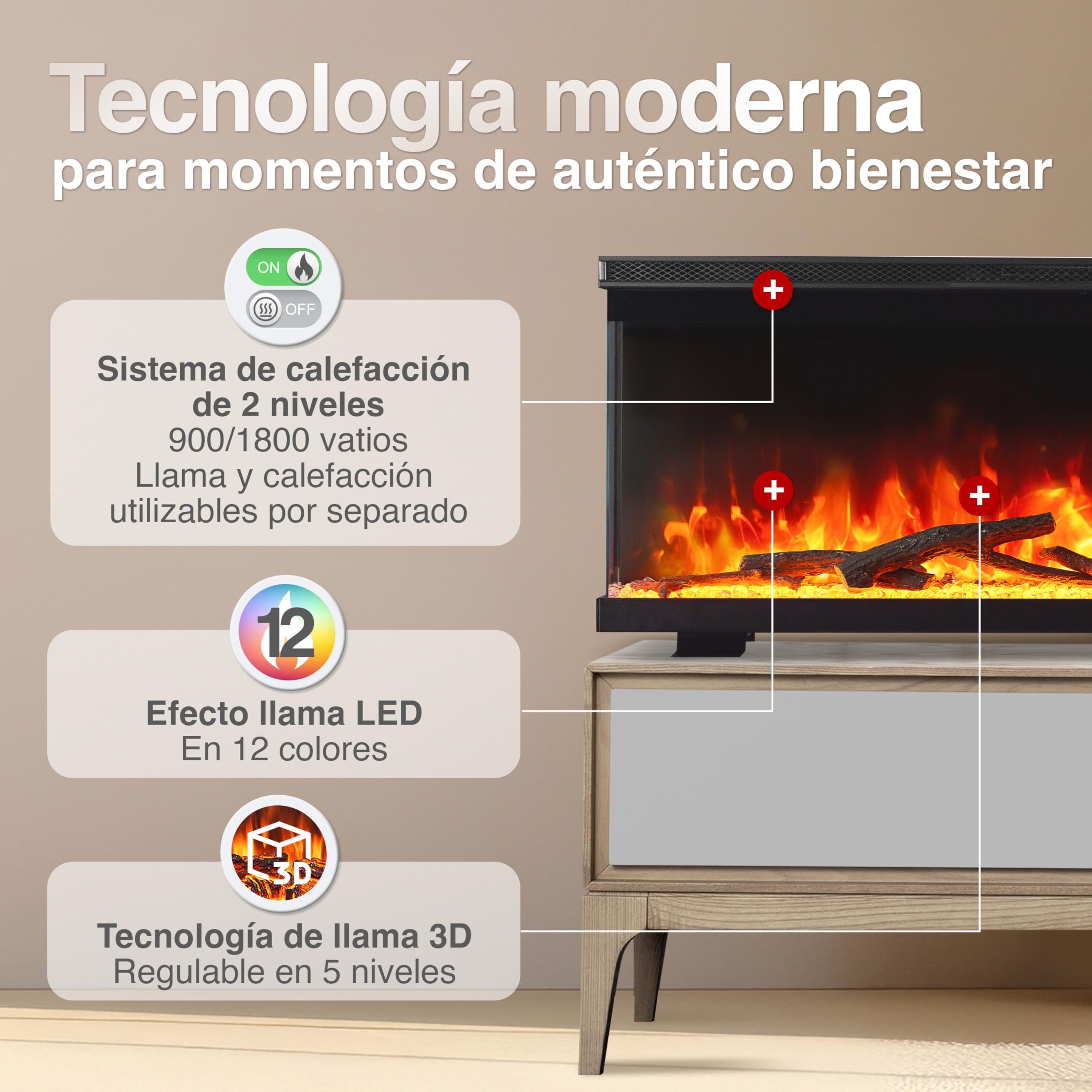 KAMINIO Eléctrica Chimenea Lea - Chimenea eléctrica 3 en 1 con Vista panorámica, calefacción, Efecto de Llama 3D, 12 Colores de Llama (36 Pulgada)