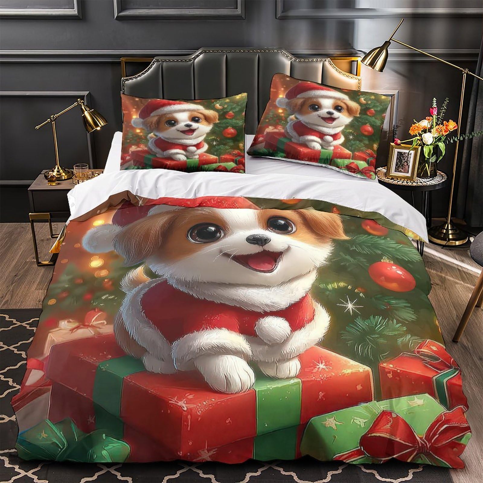 Housse de couette cheval de Noël 3D parure de lit microfibre 200x200