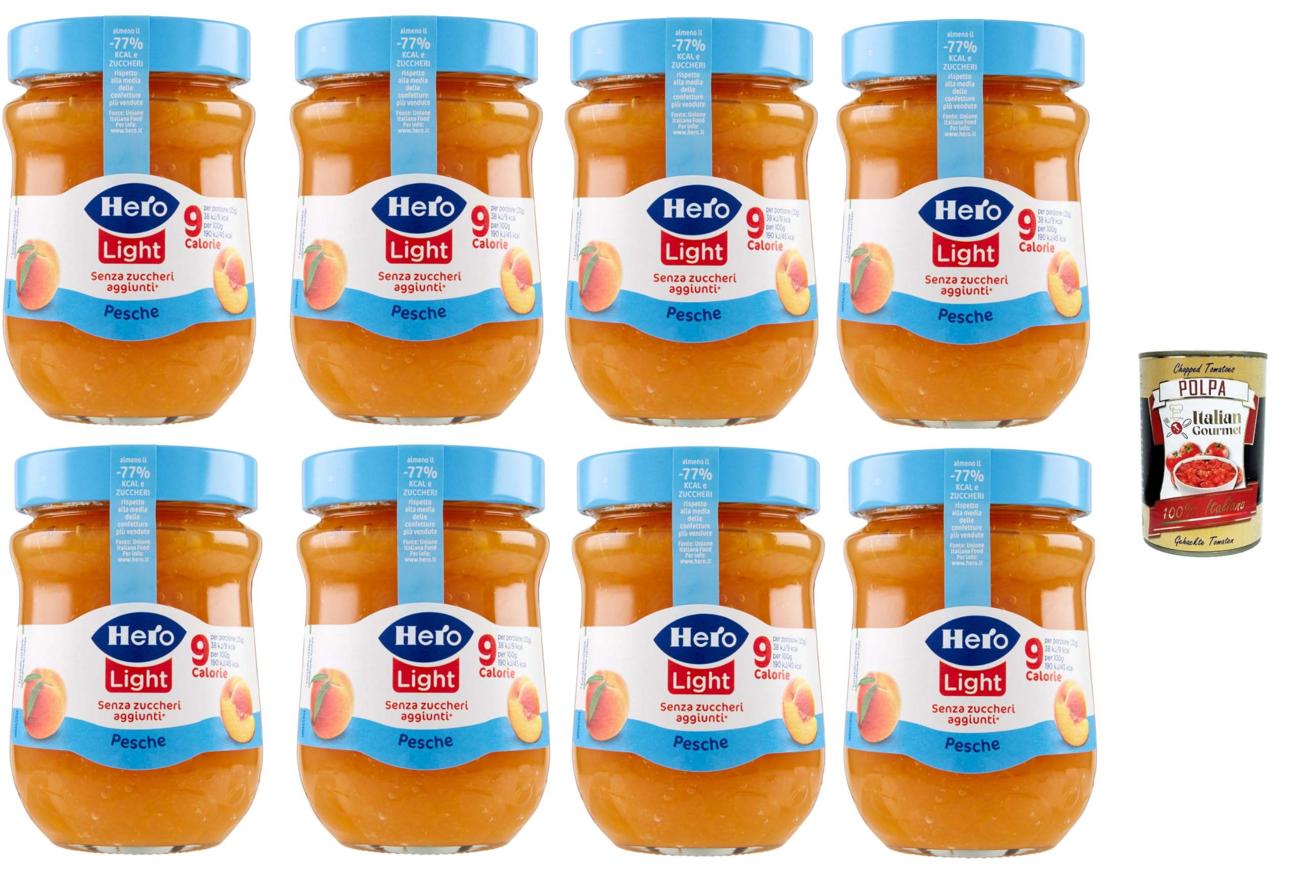 Hero Light Light Pêche Lot de 8 bocaux de 280 g, de confiture et de confiture supplémentaire, fruits de haute qualité, sans conservateurs et sans colorants, Italian Gourmet polpa 400 g