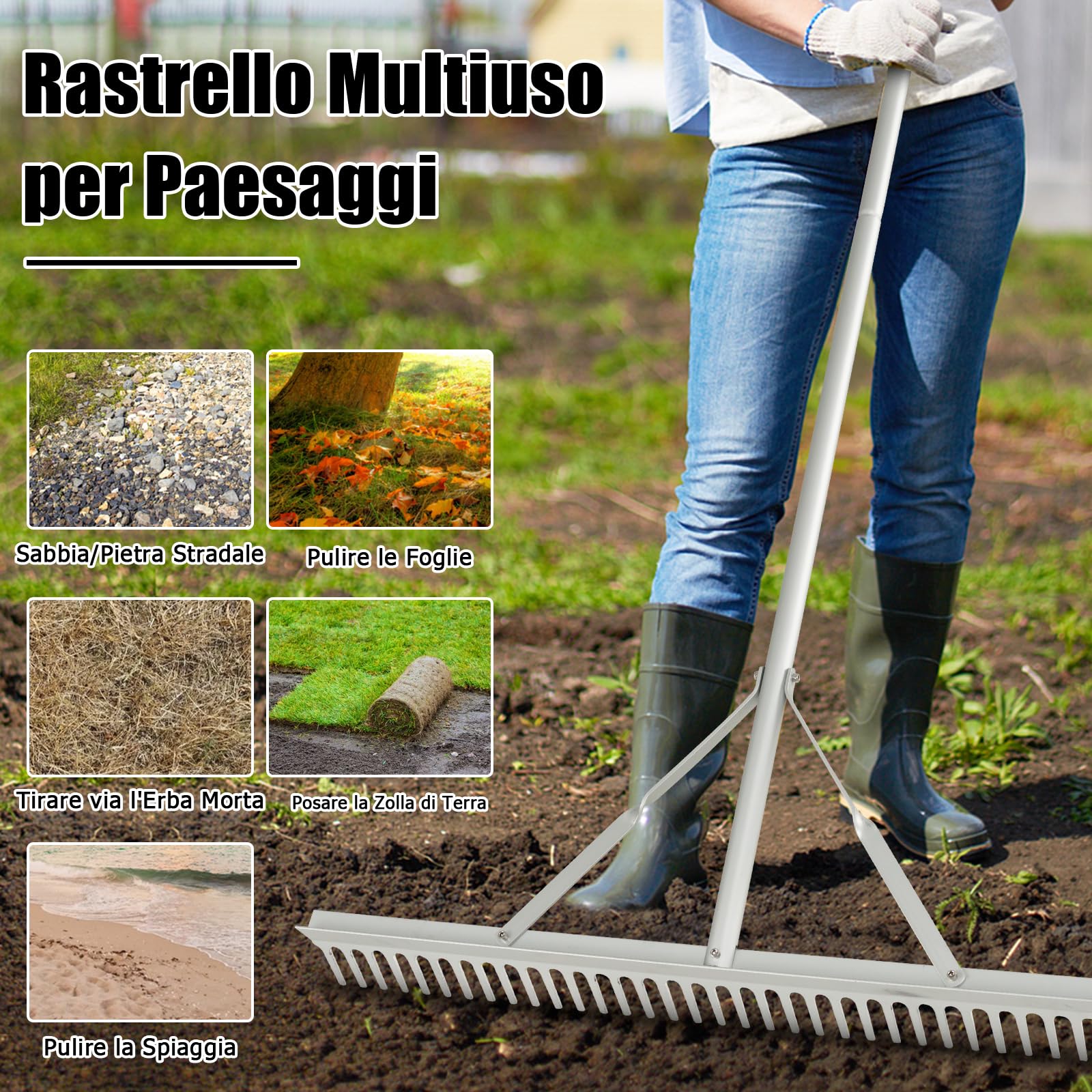 GYMAX Rastrello da Giardino, Scopa in Alluminio con 36 Denti, Testa da 91 cm e Manico da 174 cm, Strumento a Doppia Faccia per Allentare e Livellare il Terreno, Adatto a Prato, Cortil, Argento