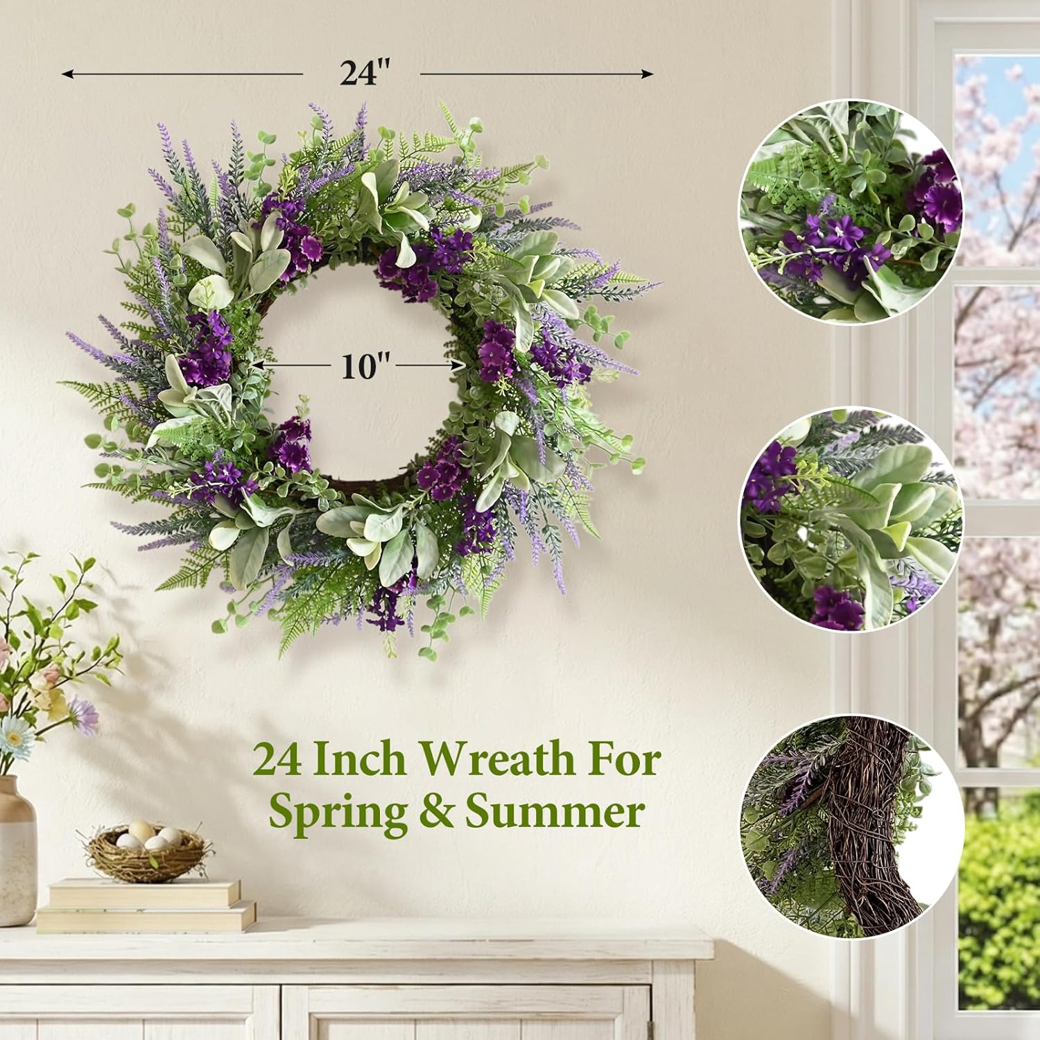 Purple Wildflower Spring Wreath for Front Door, 24 Inch Artificial Door Wreath with Green Leaves, All-Season Farmhouse Wreath for Easter Home Indoor Outdoor Porch Wall Decoration Housewarming Gift