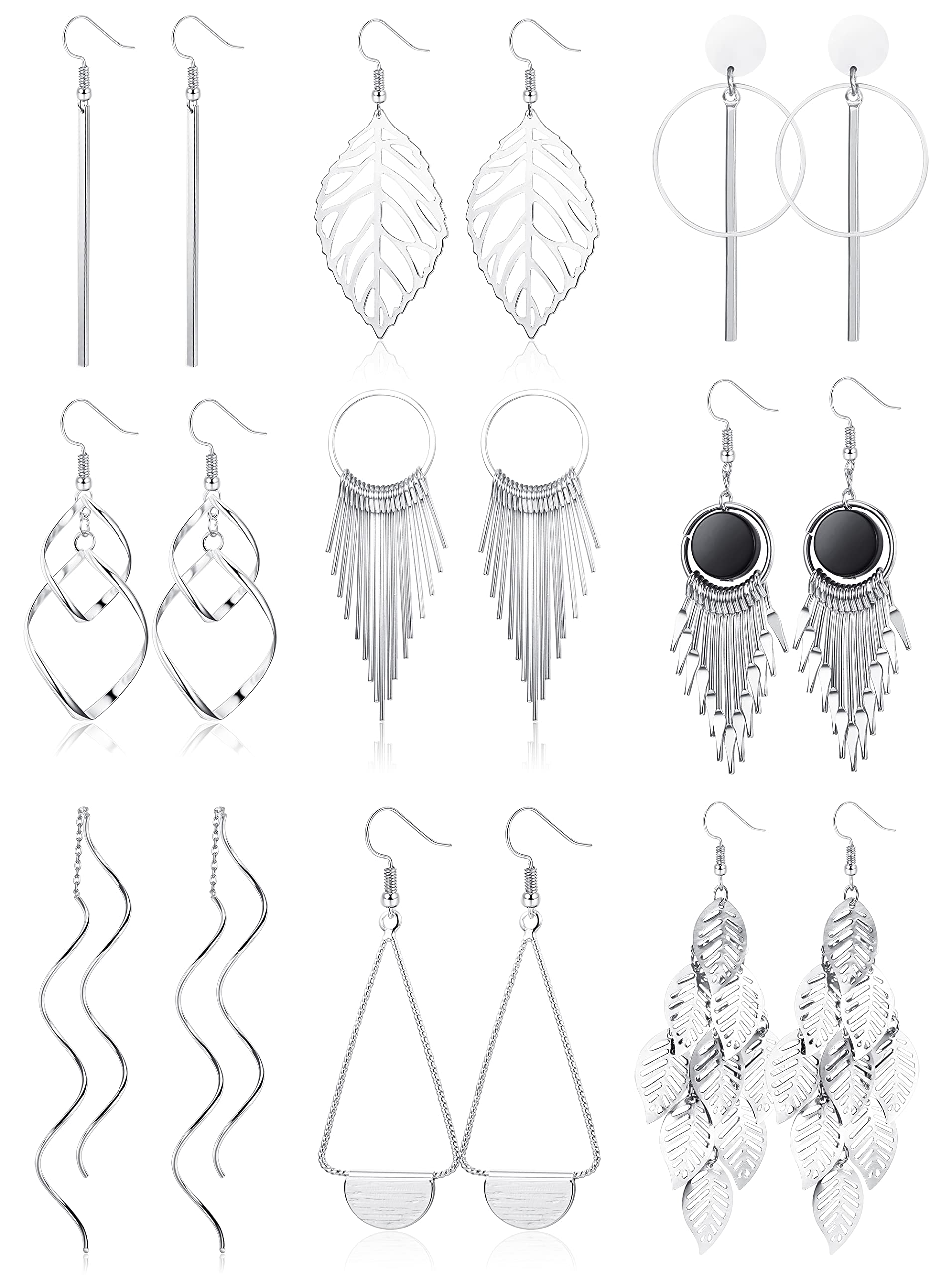 JeweBella9 Pares Pendientes Colgantes para Mujer Niña Plata/Oro Acero Inoxidable Pendientes Hipoalergenicos Largos Pendientes de Borla Hoja Ola Pendientes Joyería de Moda