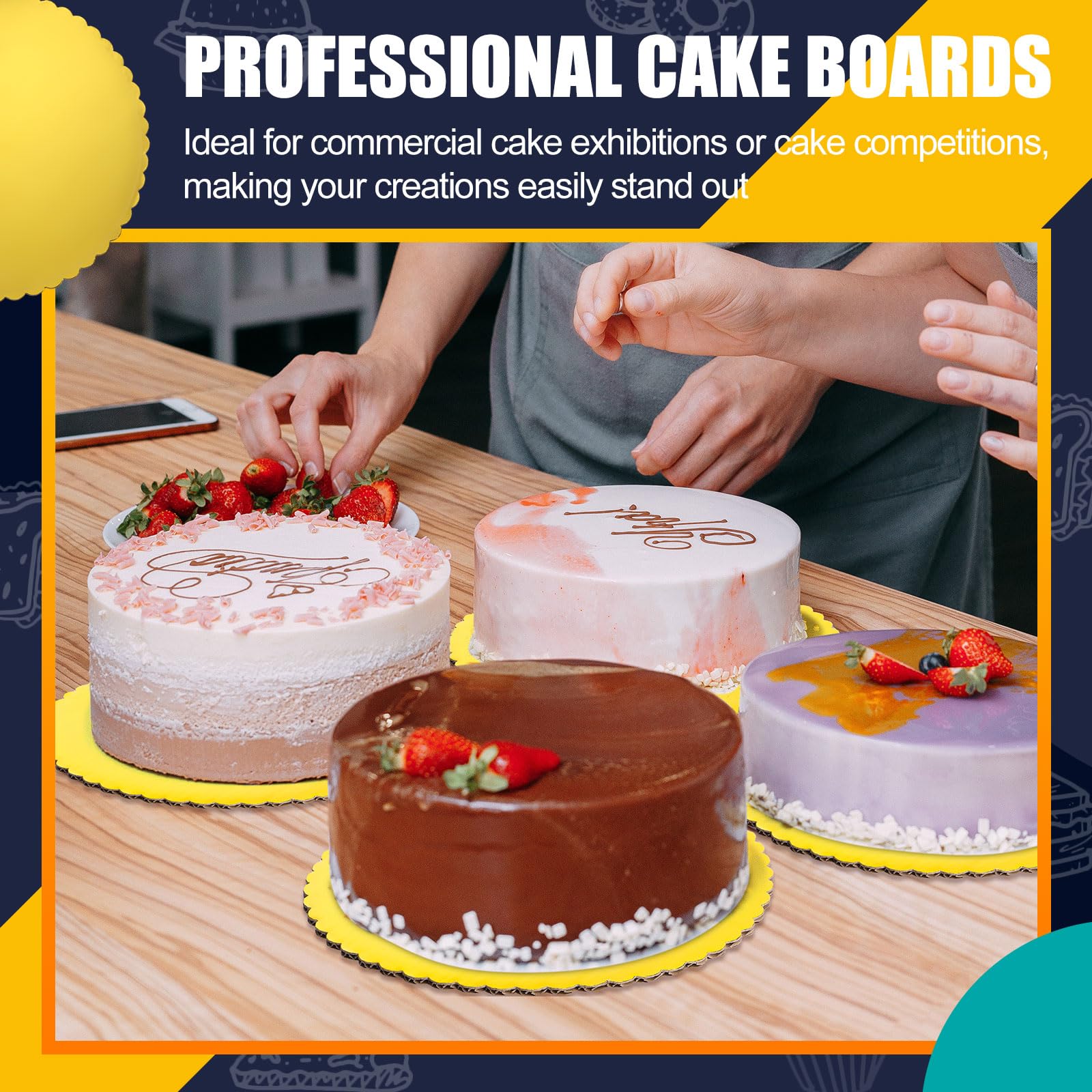 Nuenen Paquete de 100 tablas redondas doradas para tartas de 25,4 cm, con borde festoneado, de cartón, desechables, a prueba de grasa y aceite, adecuadas para decoración de tartas de cumpleaños y