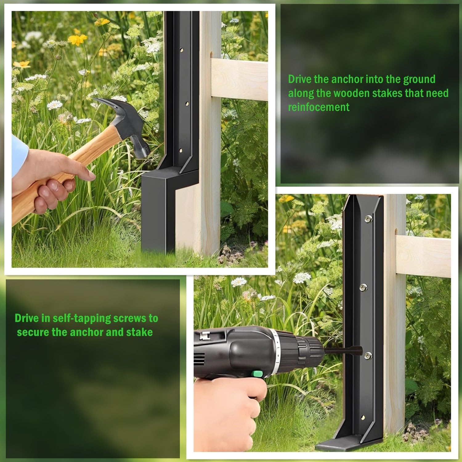 Fence Post Repair Stakes Kit – 1/8" Thickened Carbon Steel One-Piece Structure, Heavy Duty Ground Anchor Stake for Repairing or Reinforcing Broken/Leaning Privacy Fence & Mailbox Post, Black, 1-Pack