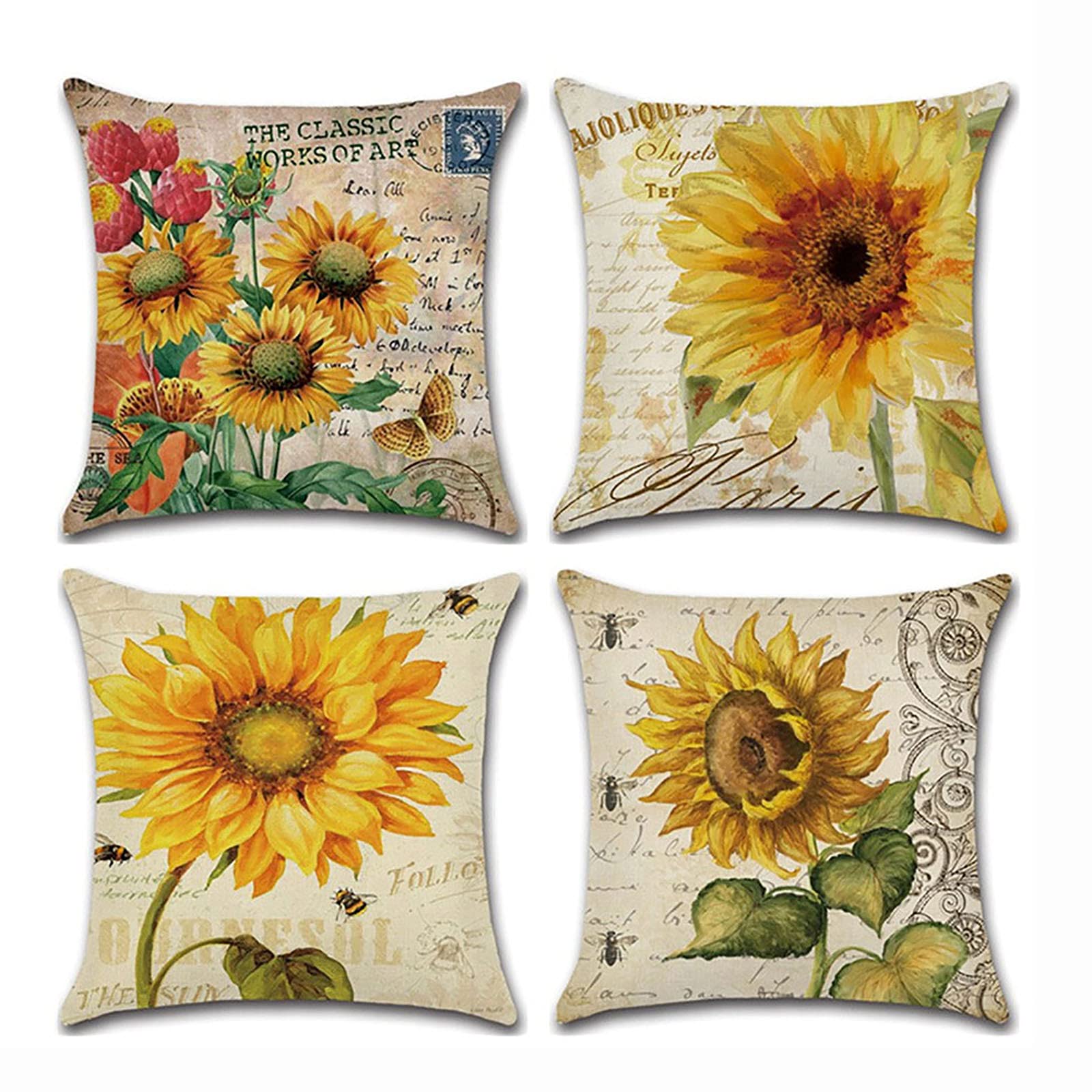 Amazon.co.jp: ひまわりクッションカバー 4枚 コットンリネン 正方形
