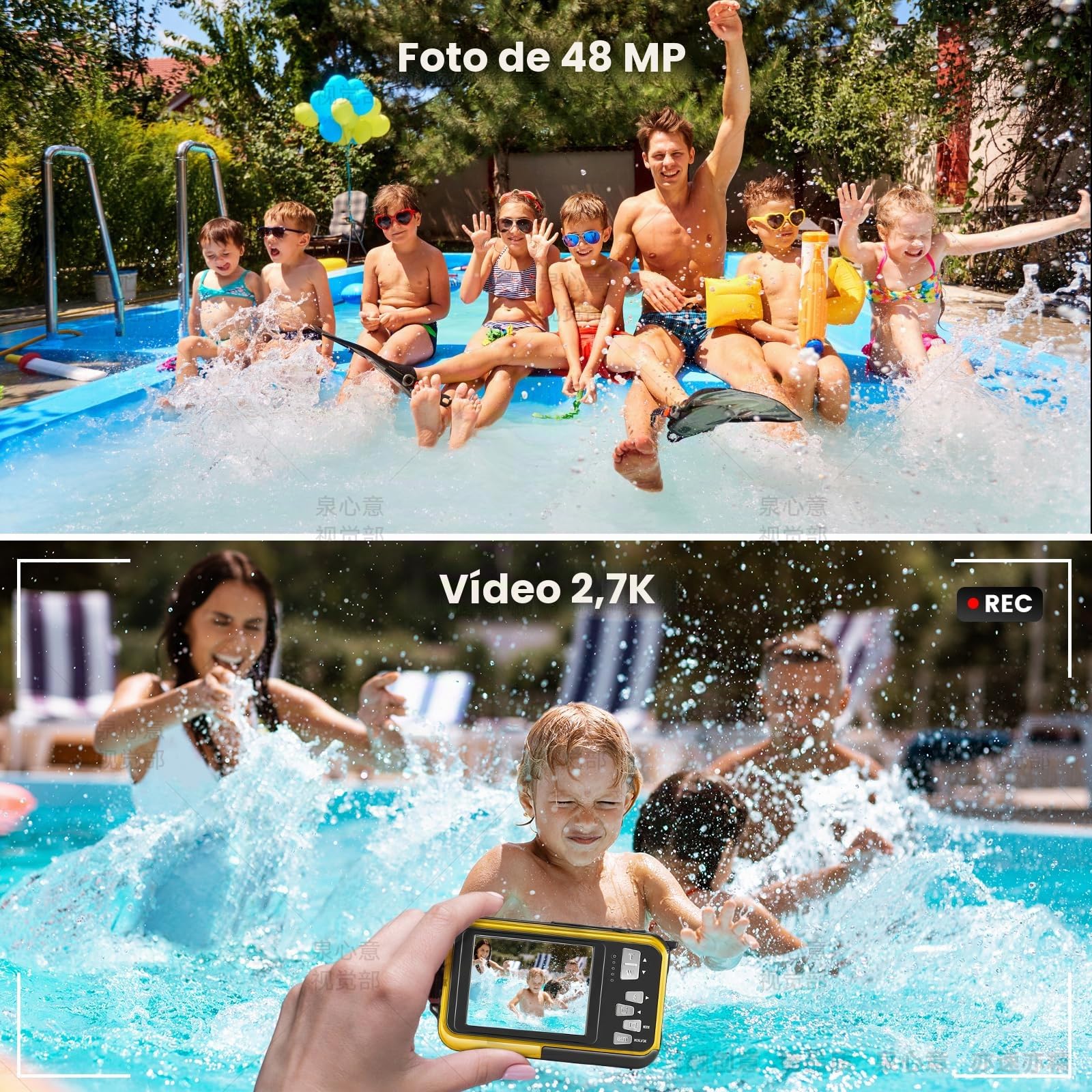 Cámara Digital Impermeable, Cámara Submarina HD 2.7K 48MP con Doble Pantalla para Buceo 3M para Nadar, Zoom Digital 16X Anti-Vibración, Amarilla