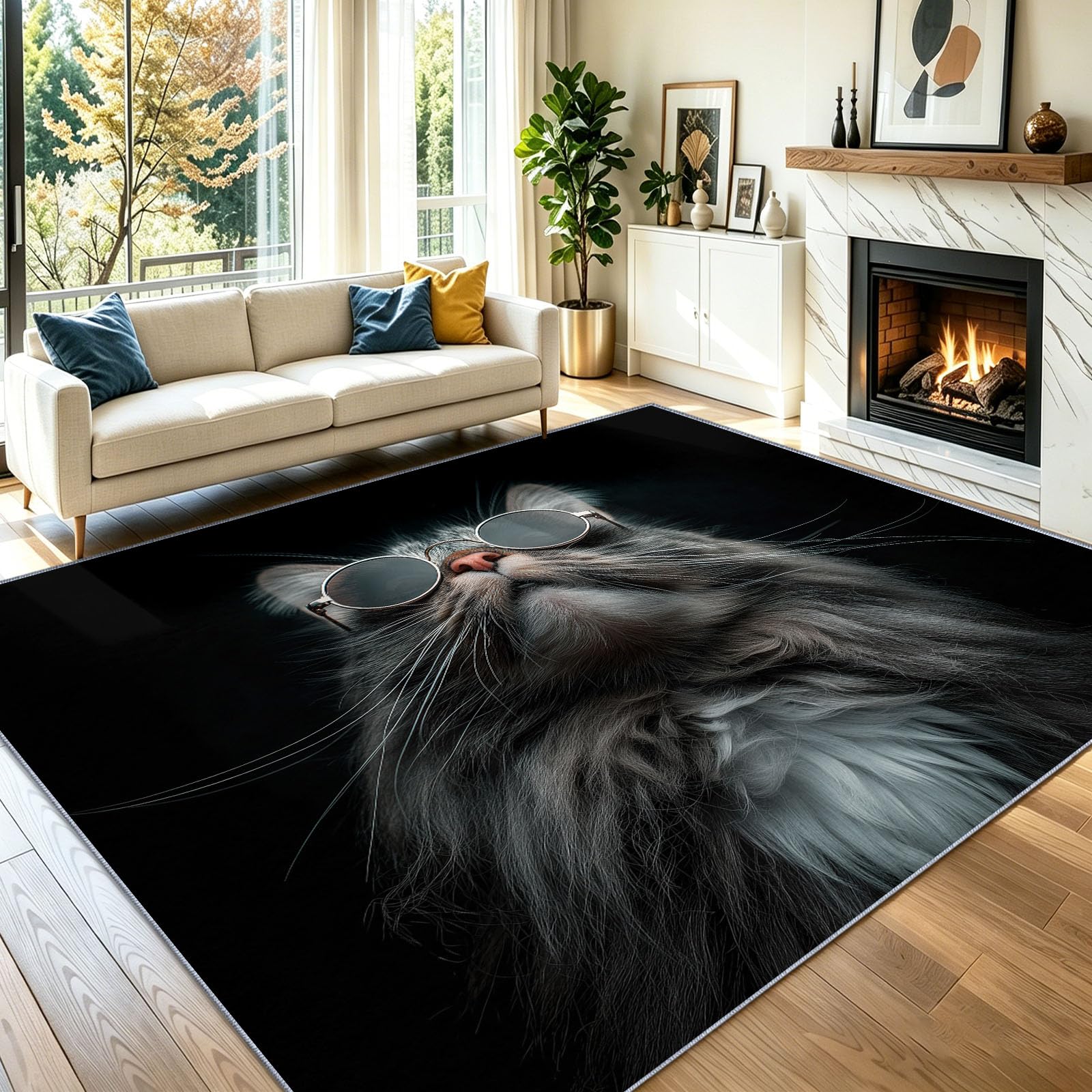 Modern Fotografie Teppich 60 x 90 cm Kurzflor GrauDunkel Katze Sonnenbrille, Waschbar, Pflegeleicht, Extra Weich Für Wohnzimmer, Schlafzimmer, Esszimmer