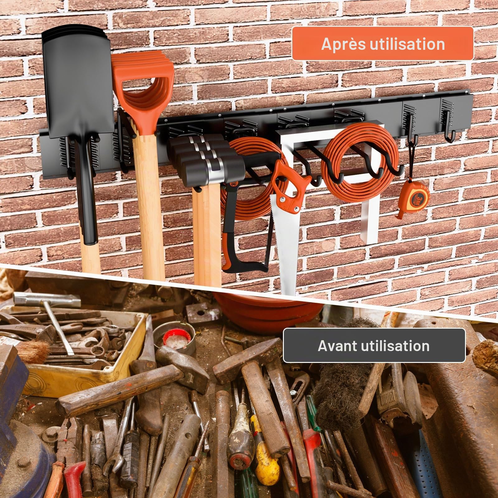 Support Réglable pour Outils de Jardin de 120 CM, Support Mural avec 3 rails et 8 Crochets, Tool Holder Wall Mounted Organizer de Ski, Adapté au Garage,à la cave, à la Terrasse (Noir)