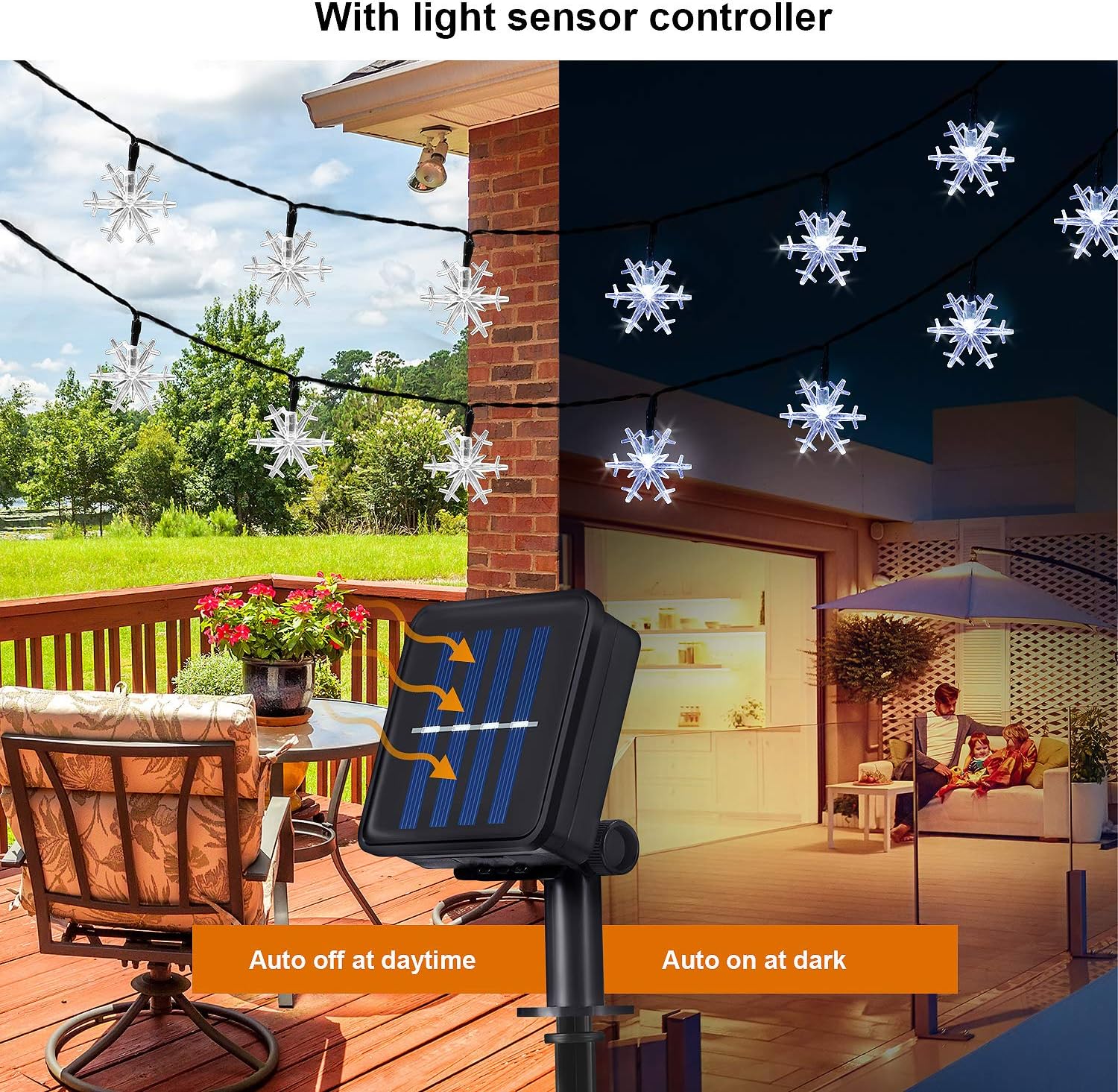 Snowflake Solar String Lights, 50LED 23ft 8 Modes Waterproof Solar Powered String Fairy Lights for Patio Home Gardens Outdoor Holiday Christmas Tree Party Decorations (White)
