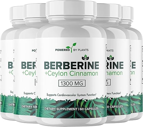 Suplemento de berberina pura, 1300 mg de berberina con canela de Ceilán para el metabolismo y el apoyo del sistema inmunológico, paquete de 5, 300