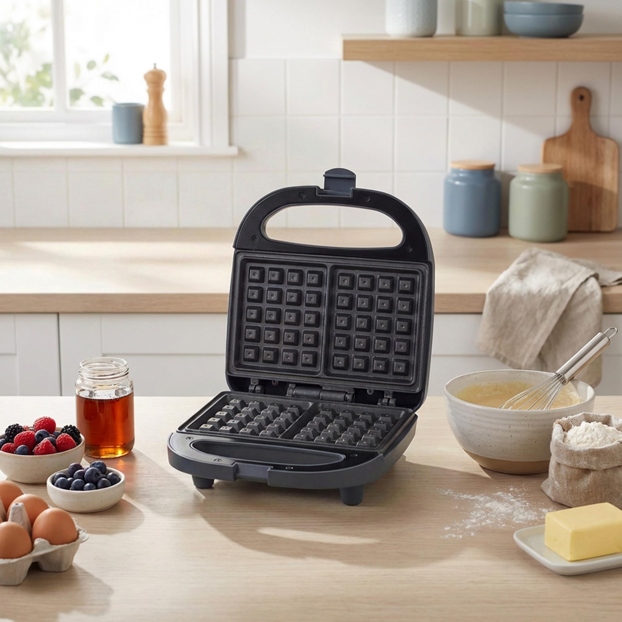 Progress Mellow Waffle Maker - 2 rebanadas, control automático de temperatura, luces indicadoras de encendido/listo, placas de cocción antiadherentes, asas de transporte frías al tacto, 750 W