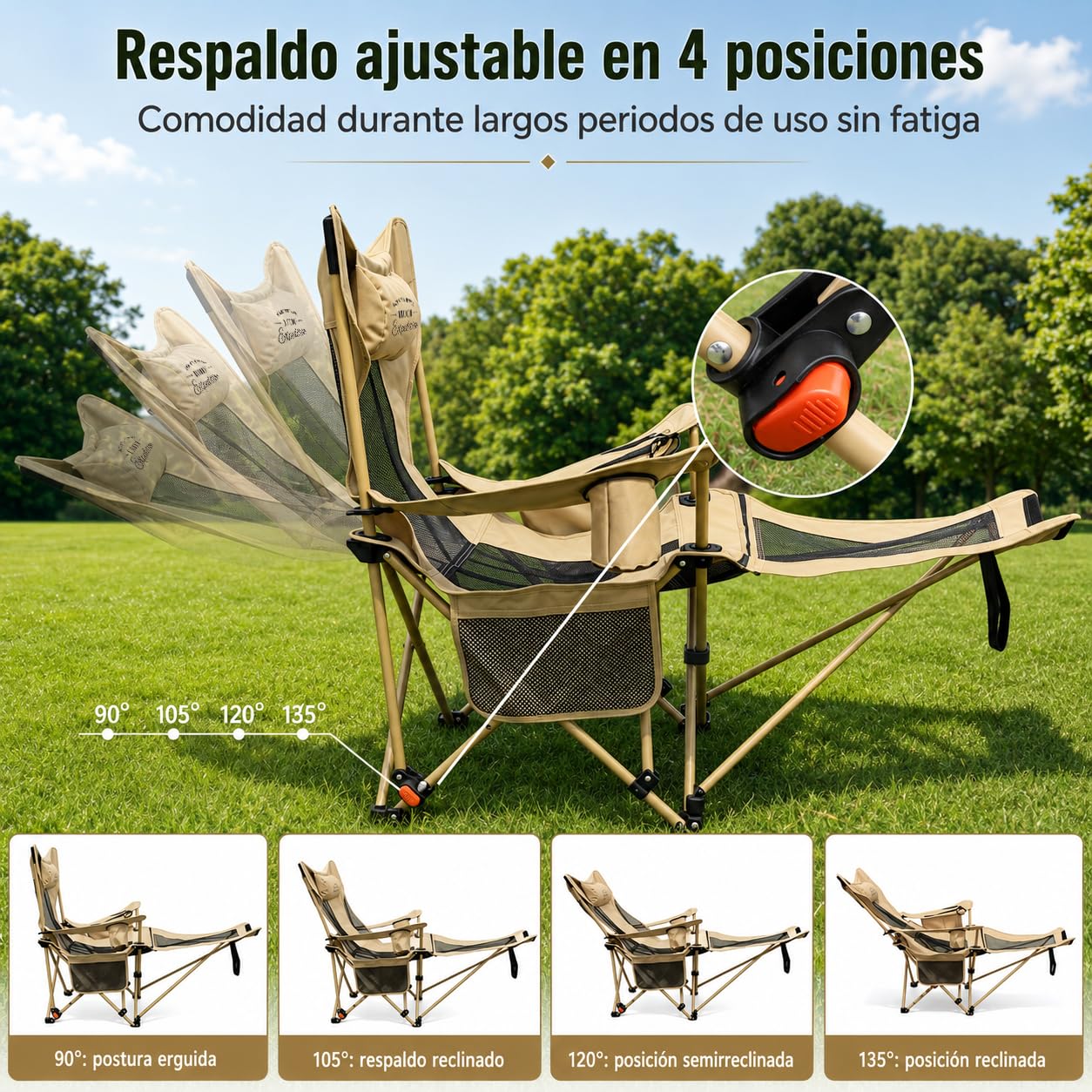 Silla Camping Plegable, 2 en 1 Sillas Playa con Footrest, Regulación de Altura en 4 Posiciones, Incluye Bolsa Isotérmica y Portavasos, Hasta 120KG, para Outdoor Camping Garden Fishing Terrace