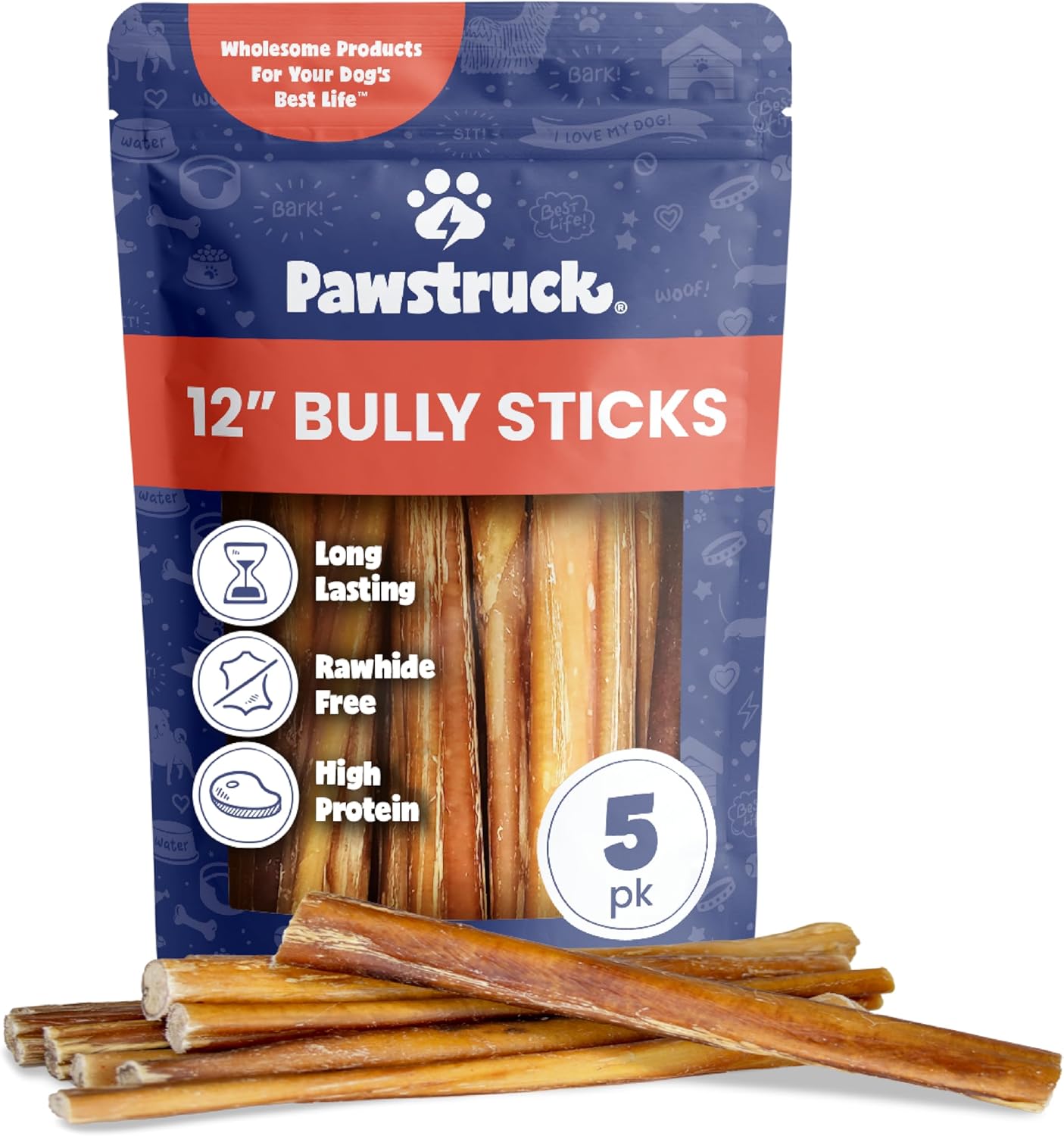 Pawstruck 12 Inch Bully Sticks for Medium & Large Dogs (5 Pack) - All Natural Beef Pizzle, Long Lasting, Rawhide-Free, Low Odor, Single Ingredient Dog Chews & Dental Treats
